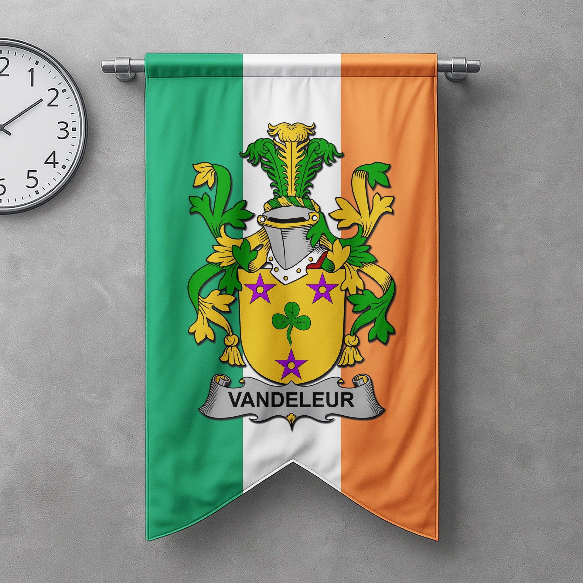 ScotsTee Shop Irish Vandeleur Clan Coat of Arms Irish Tartan Gonfalon Flag