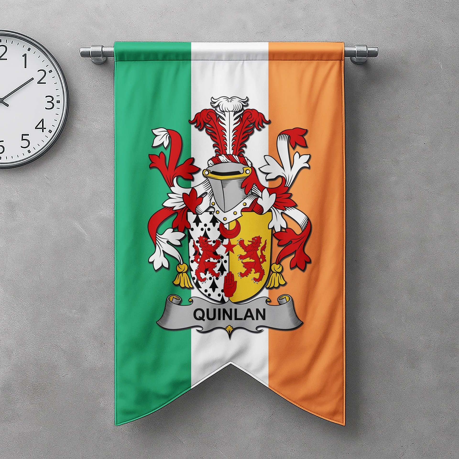 ScotsTee Shop Irish Quinlan or O'Quinlevan Clan Coat of Arms Irish Tartan Gonfalon Flag
