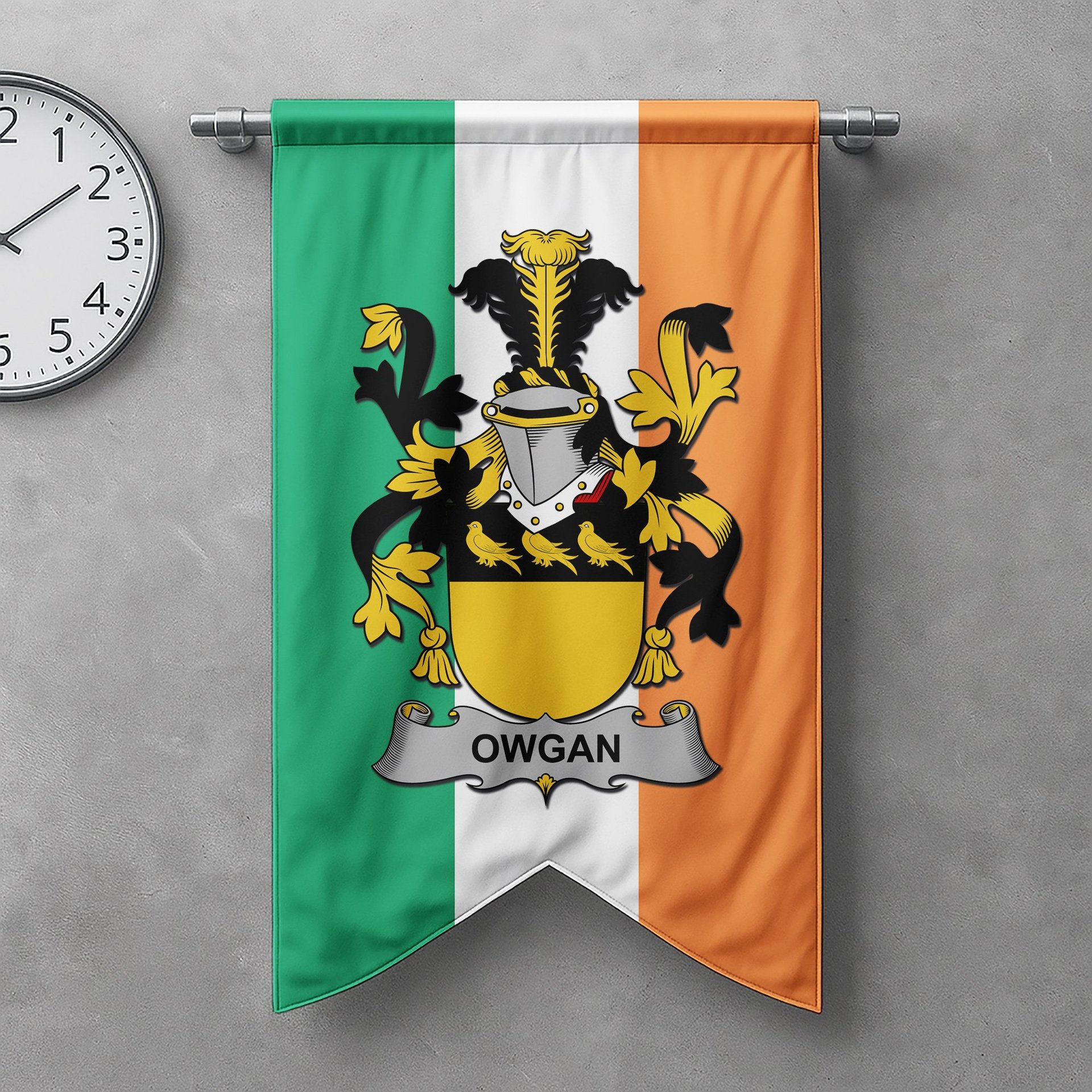 ScotsTee Shop Irish Owgan Clan Coat of Arms Irish Tartan Gonfalon Flag