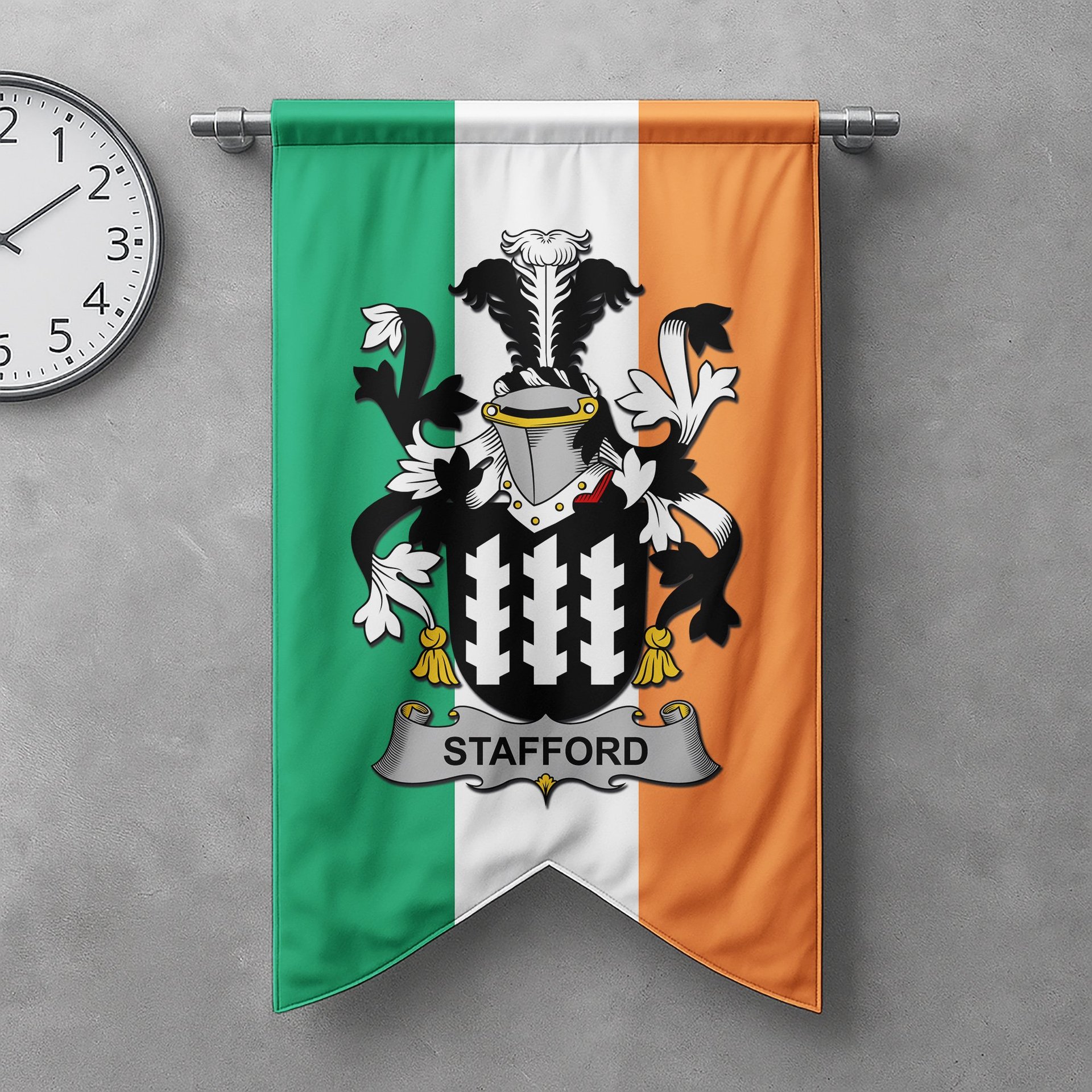 ScotsTee Shop Irish Stafford Clan Coat of Arms Irish Tartan Gonfalon Flag