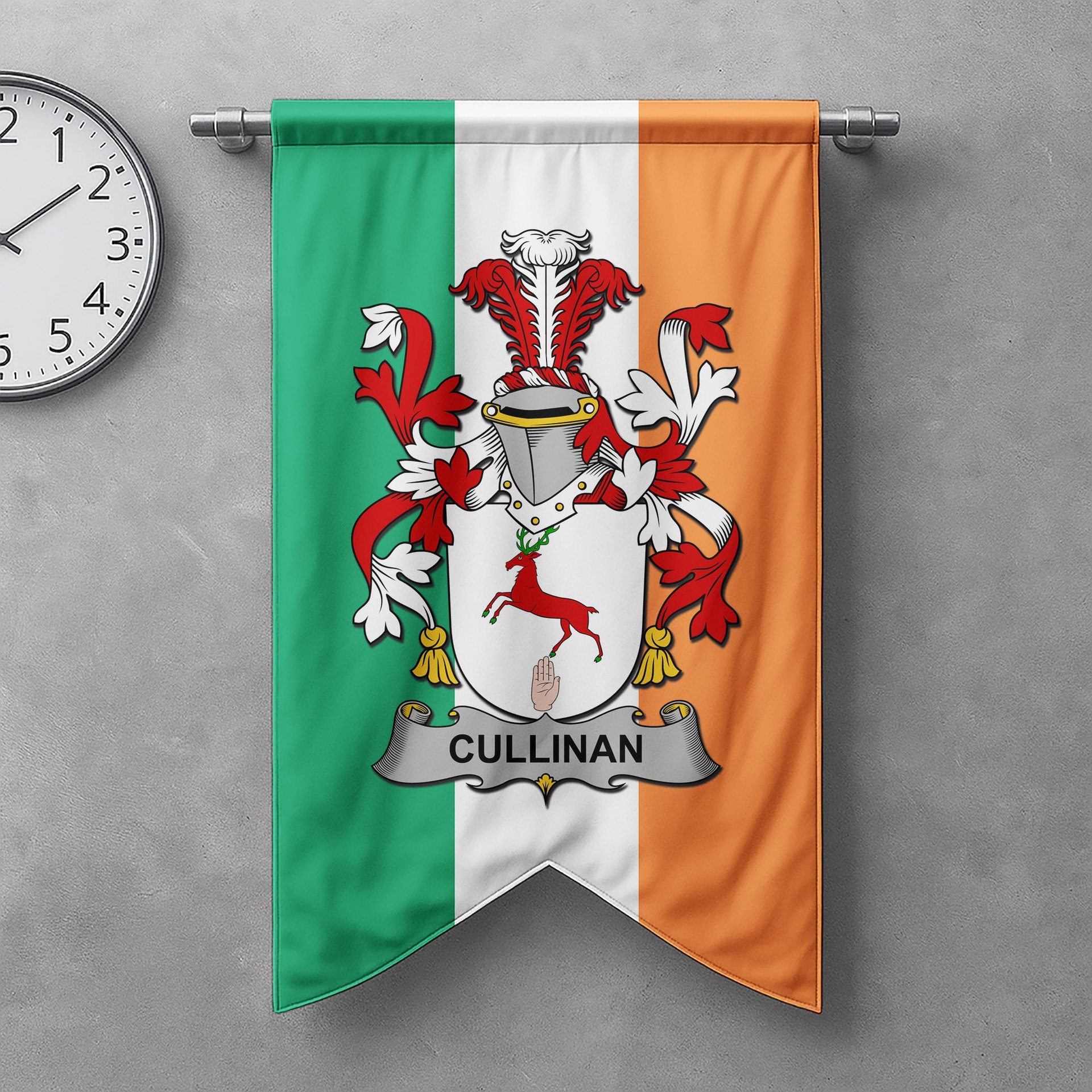 ScotsTee Shop Irish Cullinan or O'Cullinane Clan Coat of Arms Irish Tartan Gonfalon Flag