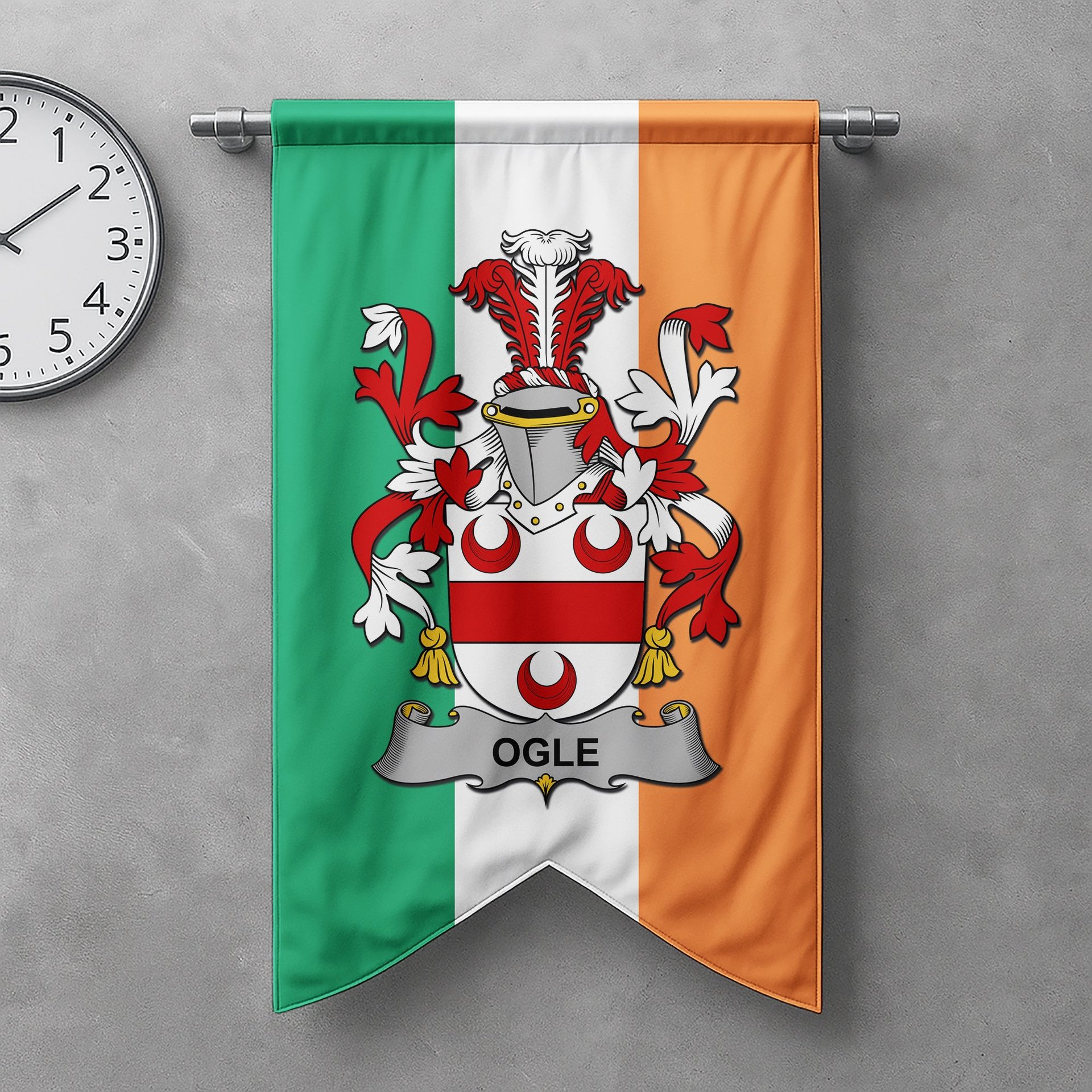 ScotsTee Shop Irish Ogle Clan Coat of Arms Irish Tartan Gonfalon Flag