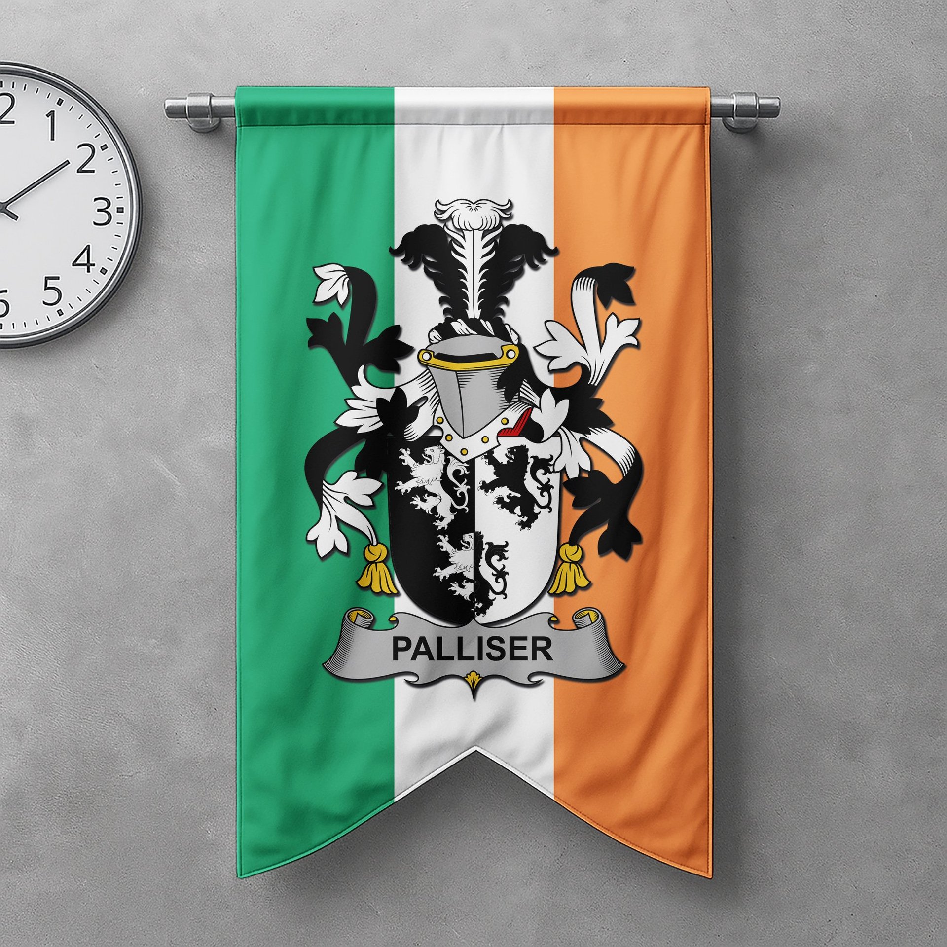 ScotsTee Shop Irish Palliser Clan Coat of Arms Irish Tartan Gonfalon Flag