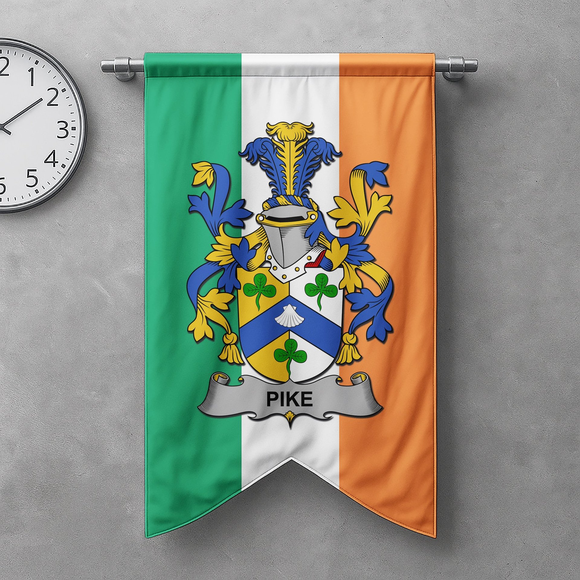ScotsTee Shop Irish Pike Clan Coat of Arms Irish Tartan Gonfalon Flag