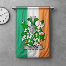 ScotsTee Shop Irish Veldon Clan Coat of Arms Irish Tartan Gonfalon Flag