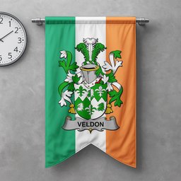 ScotsTee Shop Irish Veldon Clan Coat of Arms Irish Tartan Gonfalon Flag