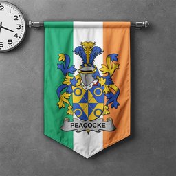 ScotsTee Shop Irish Peacocke Clan Coat of Arms Irish Tartan Gonfalon Flag