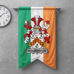 ScotsTee Shop Irish Wolverston Clan Coat of Arms Irish Tartan Gonfalon Flag