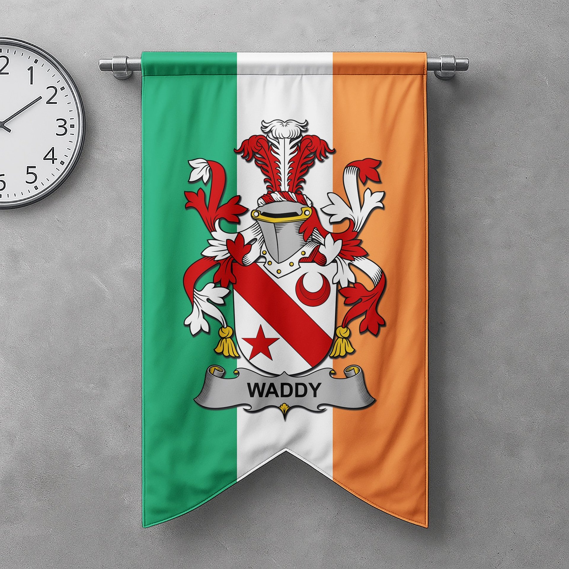 ScotsTee Shop Irish Waddy Clan Coat of Arms Irish Tartan Gonfalon Flag