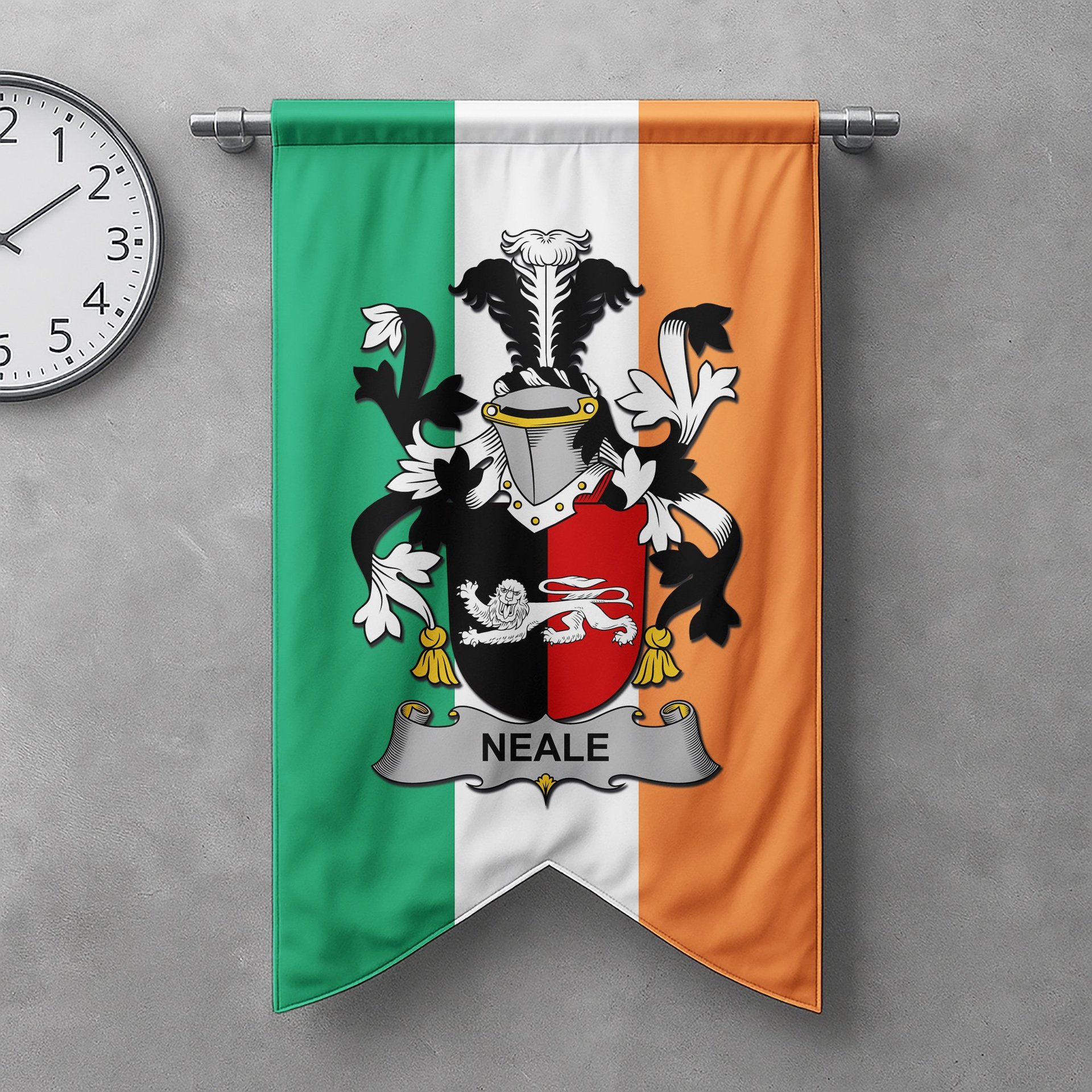 ScotsTee Shop Irish Neale Clan Coat of Arms Irish Tartan Gonfalon Flag