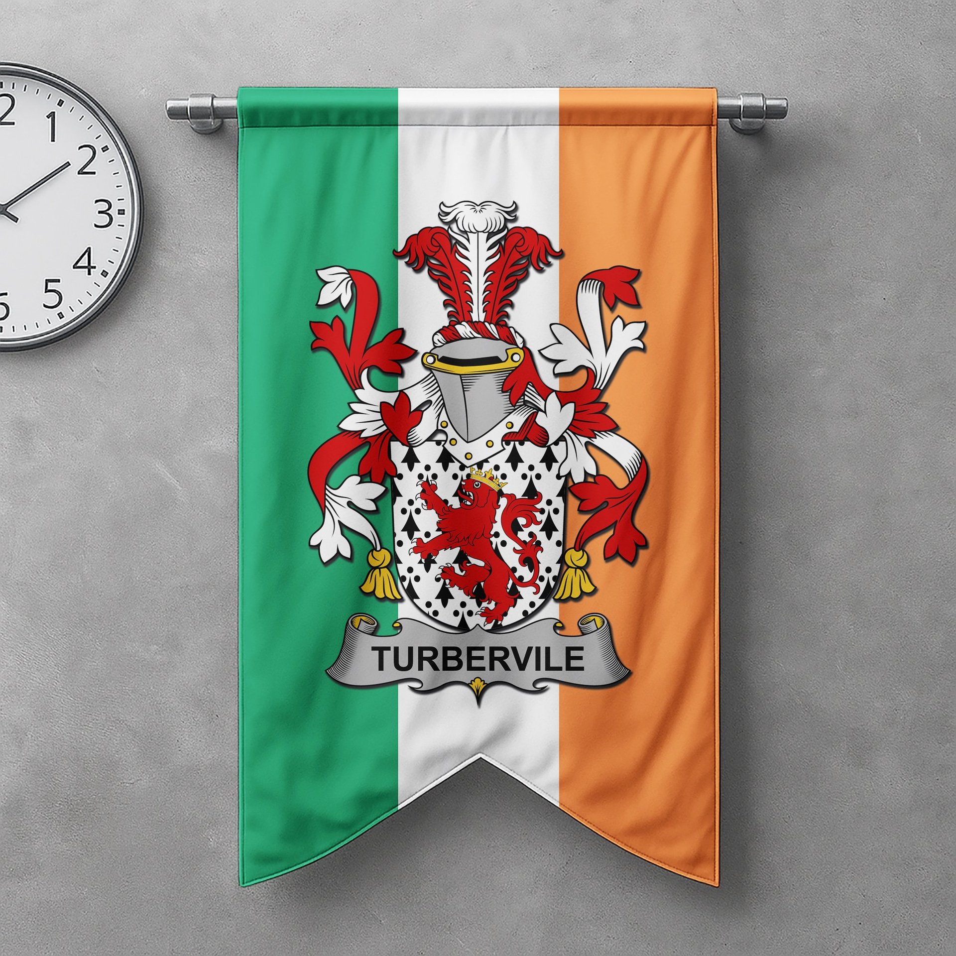 ScotsTee Shop Irish Tubervile or Tuberville Clan Coat of Arms Irish Tartan Gonfalon Flag