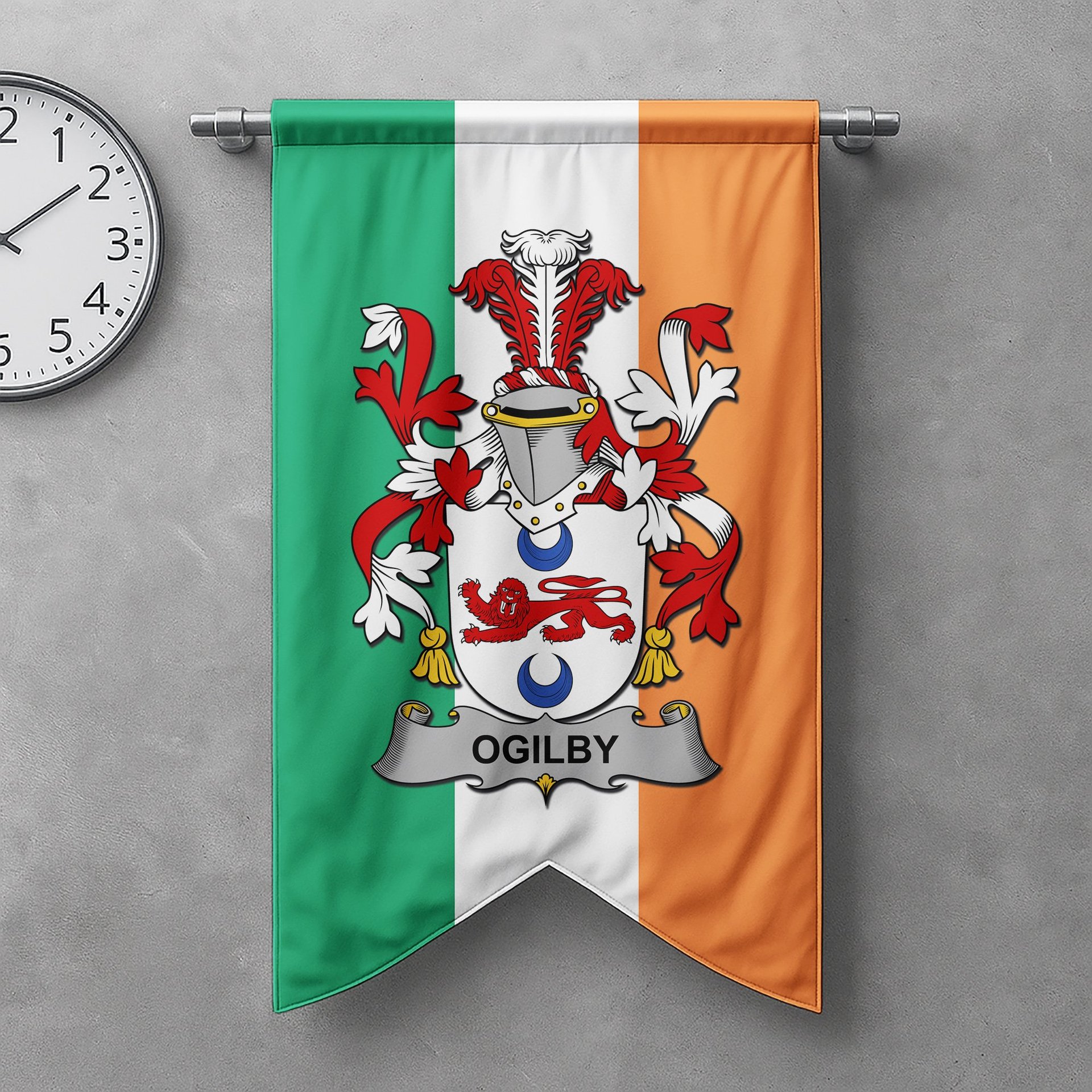 ScotsTee Shop Irish Ogilby Clan Coat of Arms Irish Tartan Gonfalon Flag