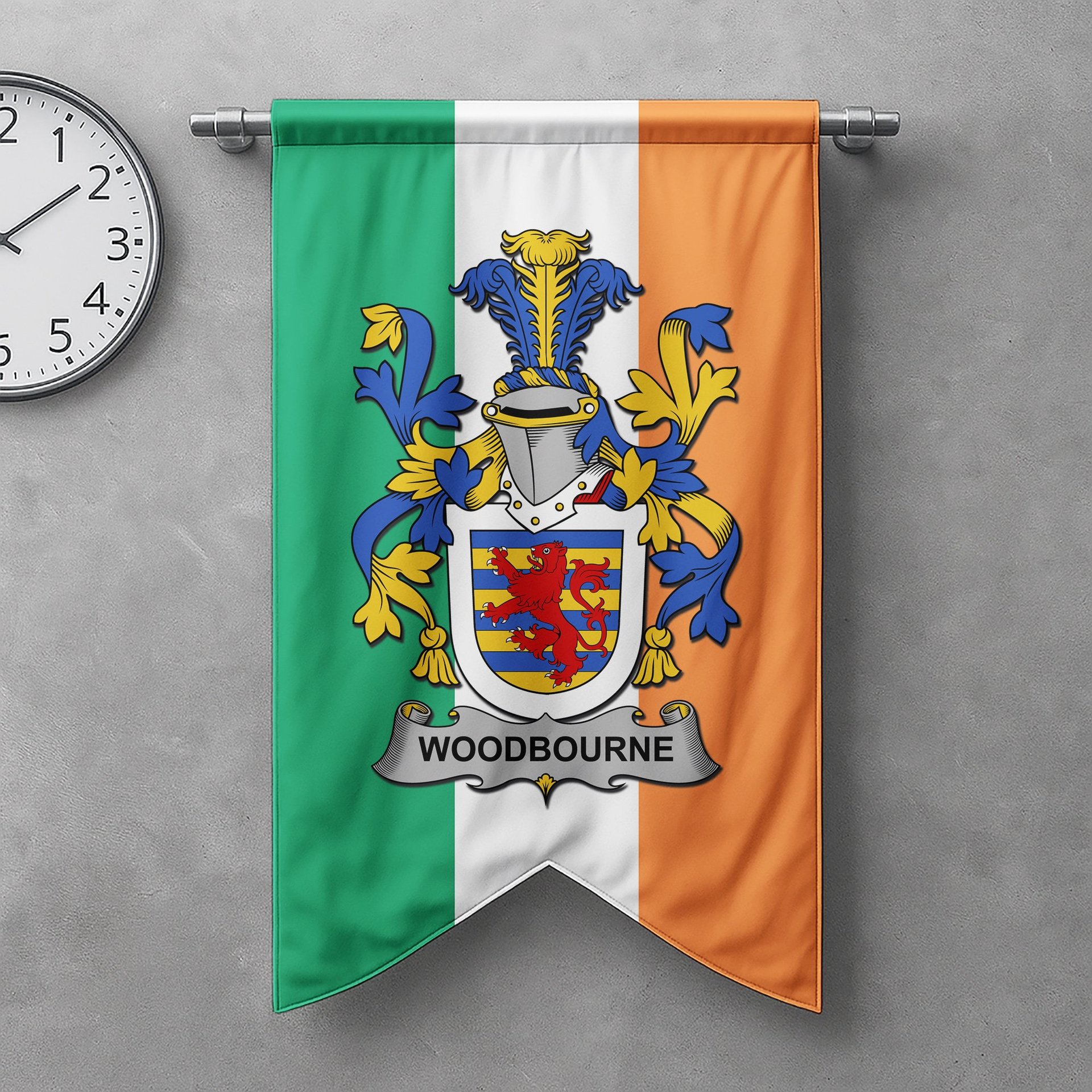 ScotsTee Shop Irish Woodbourne Clan Coat of Arms Irish Tartan Gonfalon Flag