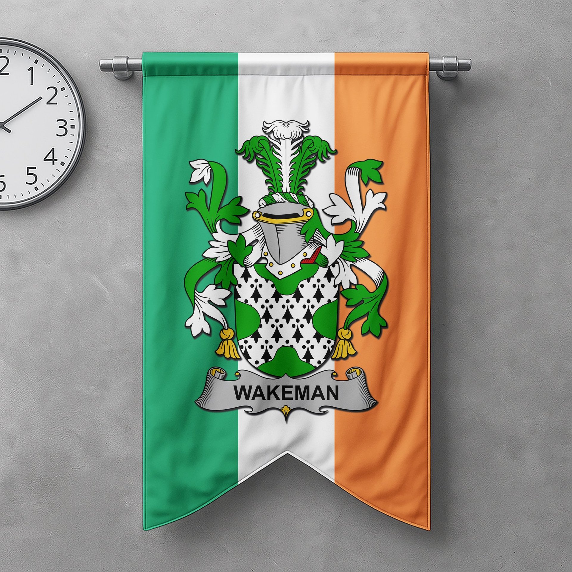 ScotsTee Shop Irish Wakeman Clan Coat of Arms Irish Tartan Gonfalon Flag