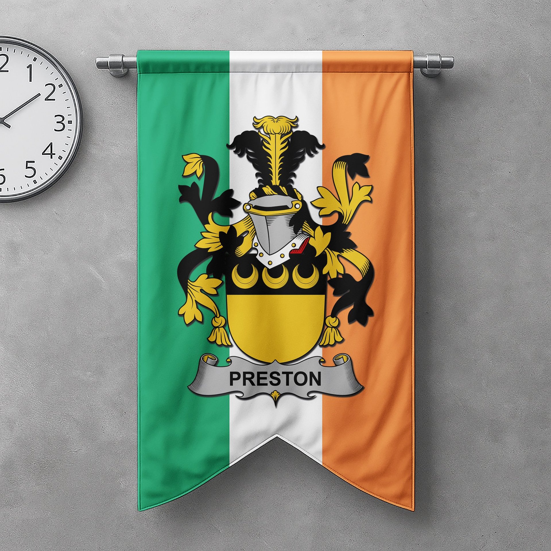 ScotsTee Shop Irish Preston Clan Coat of Arms Irish Tartan Gonfalon Flag