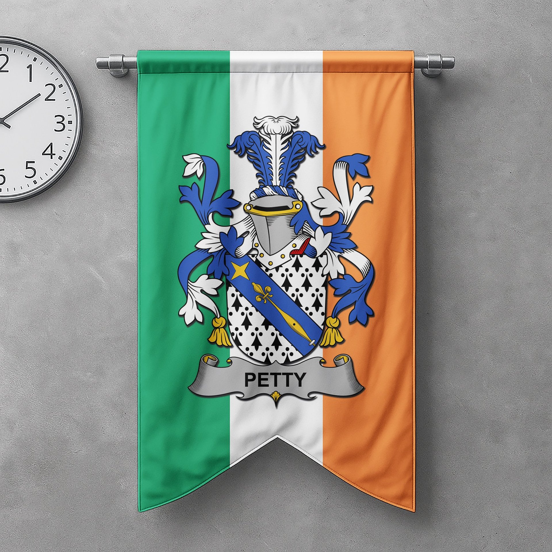 ScotsTee Shop Irish Petty Clan Coat of Arms Irish Tartan Gonfalon Flag