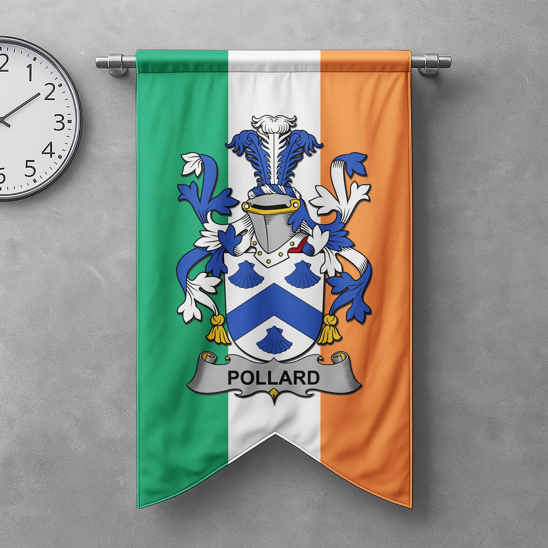 ScotsTee Shop Irish Pollard Clan Coat of Arms Irish Tartan Gonfalon Flag