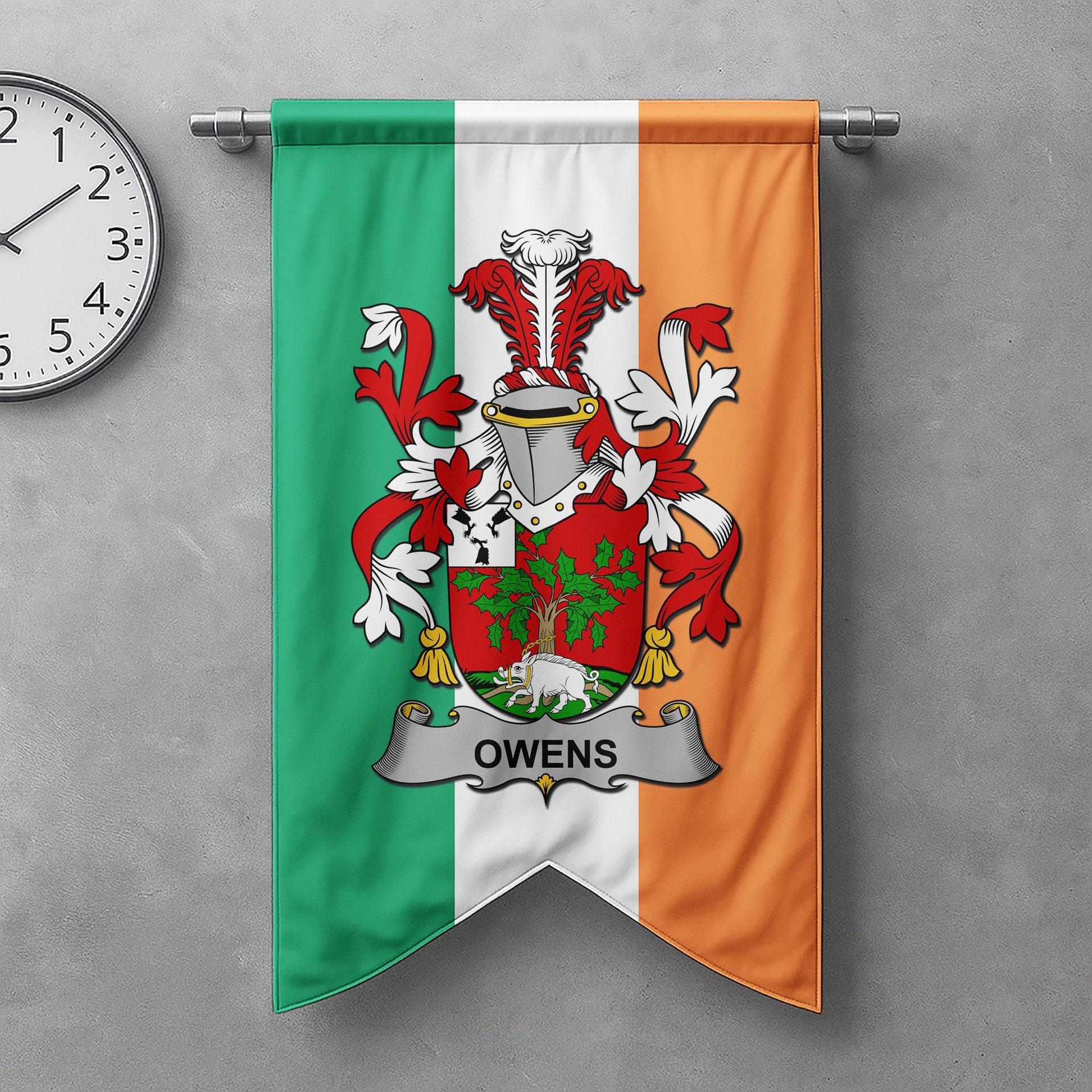 ScotsTee Shop Irish Owens Clan Coat of Arms Irish Tartan Gonfalon Flag