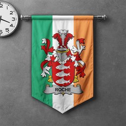 ScotsTee Shop Irish Roche Clan Coat of Arms Irish Tartan Gonfalon Flag