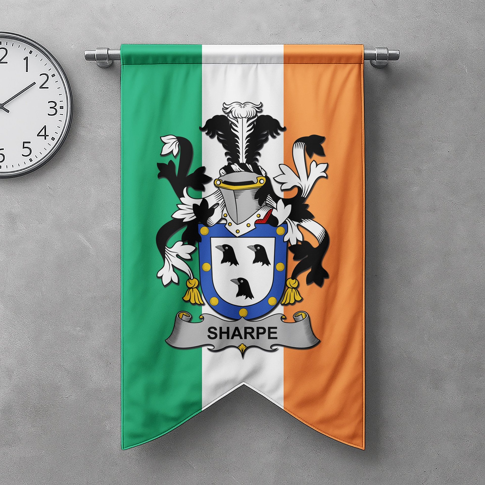 ScotsTee Shop Irish Sharpe Clan Coat of Arms Irish Tartan Gonfalon Flag