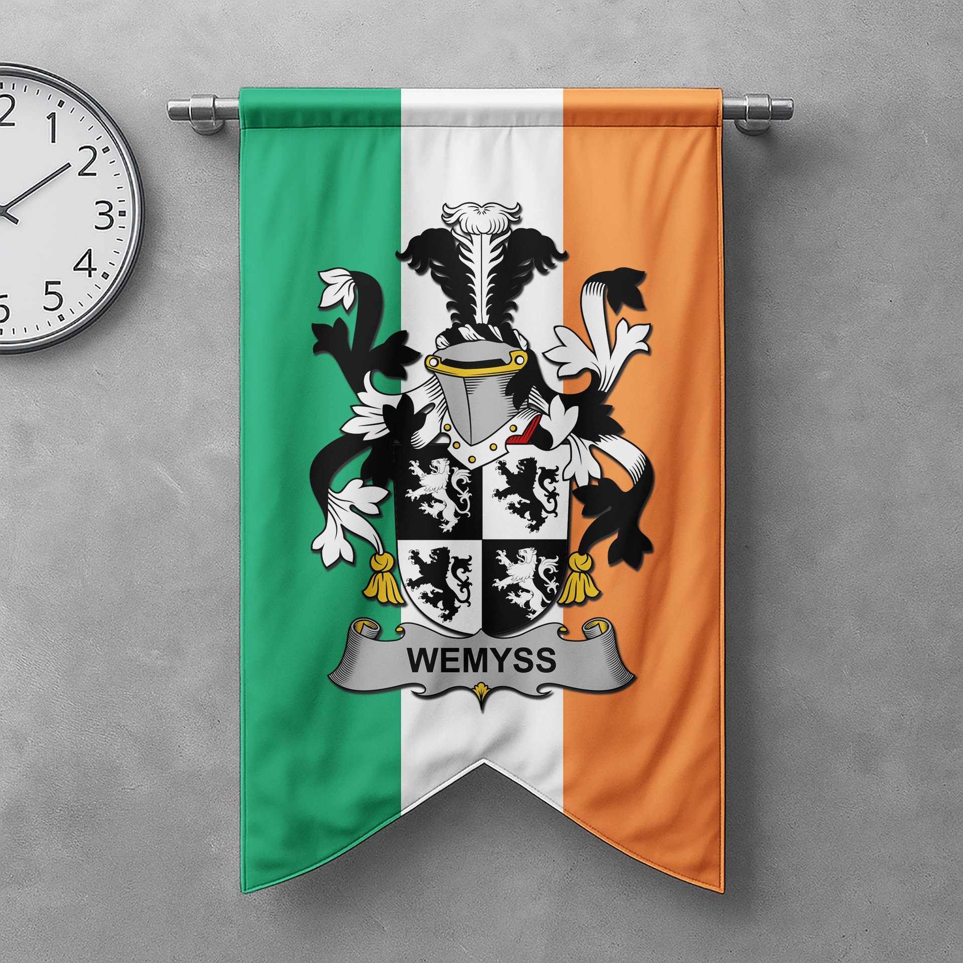 ScotsTee Shop Irish Wemyss Clan Coat of Arms Irish Tartan Gonfalon Flag