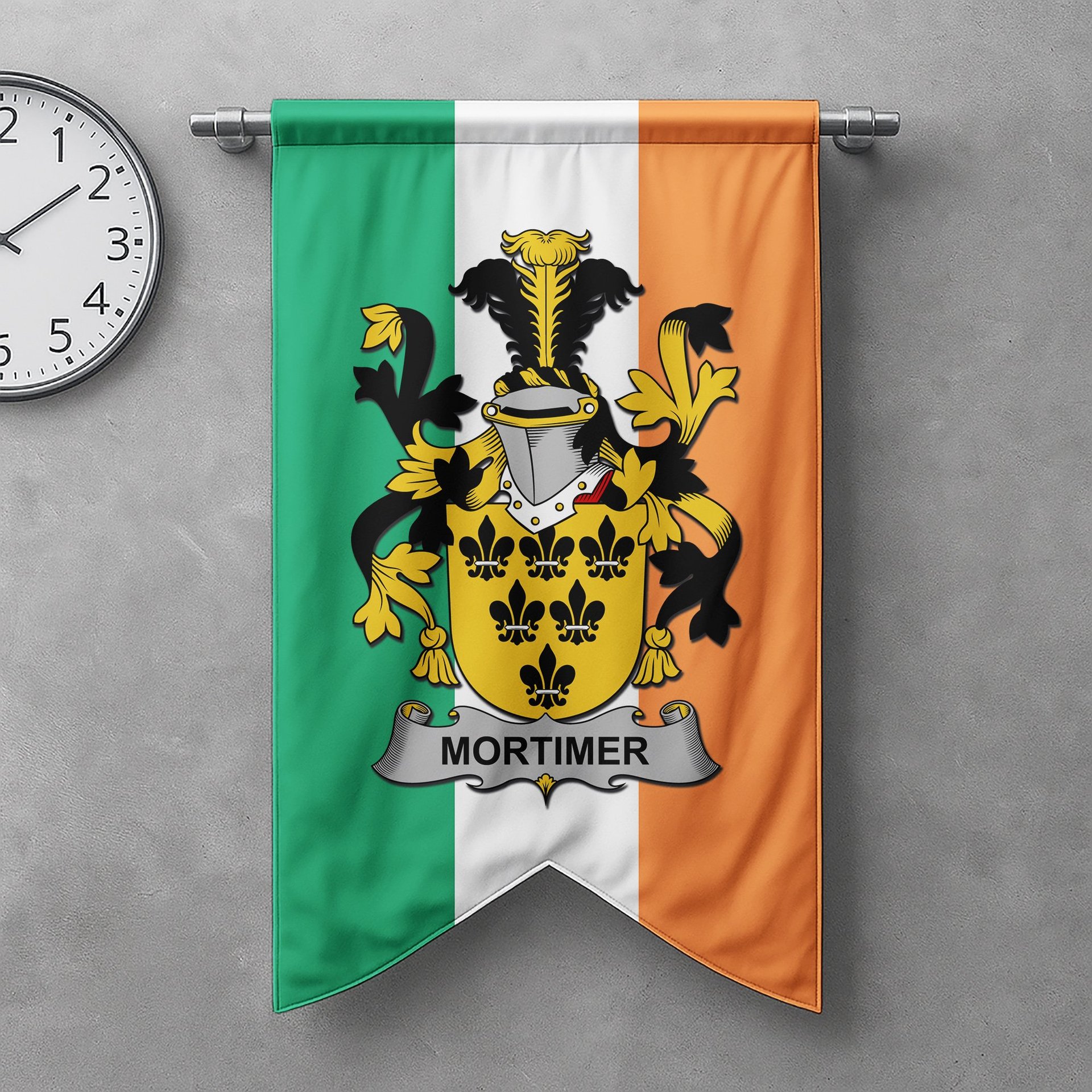 ScotsTee Shop Irish Mortimer Clan Coat of Arms Irish Tartan Gonfalon Flag