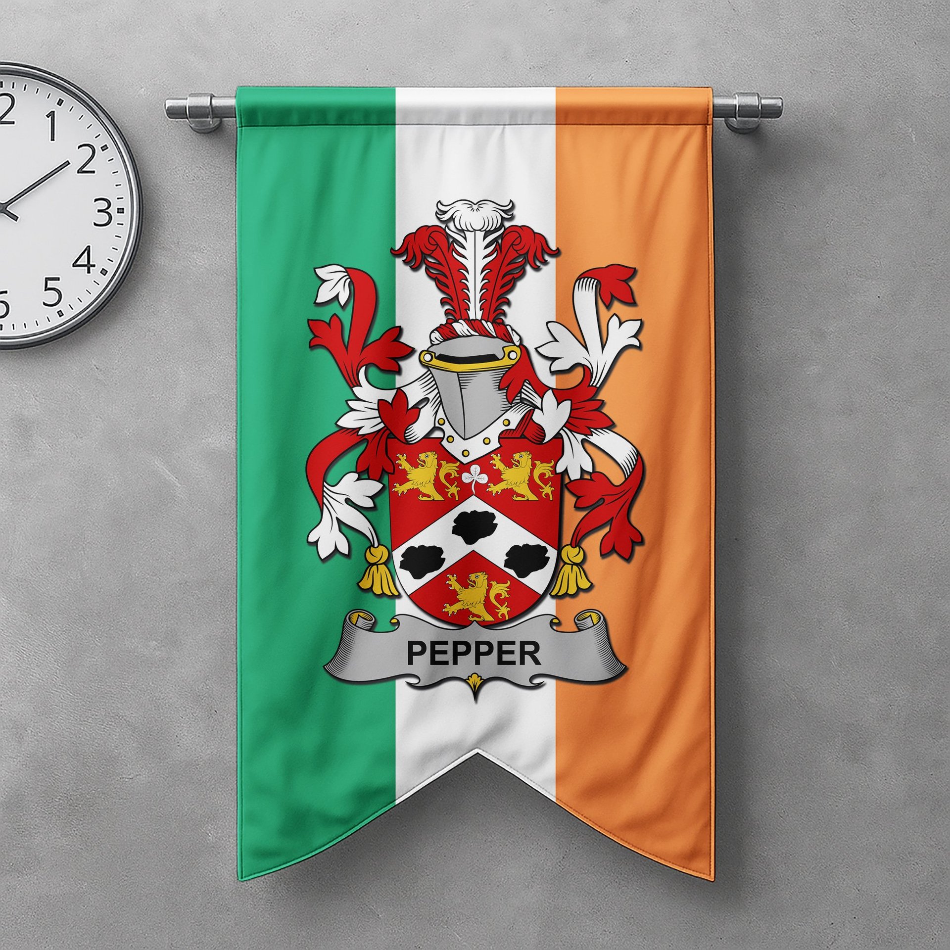 ScotsTee Shop Irish Pepper Clan Coat of Arms Irish Tartan Gonfalon Flag