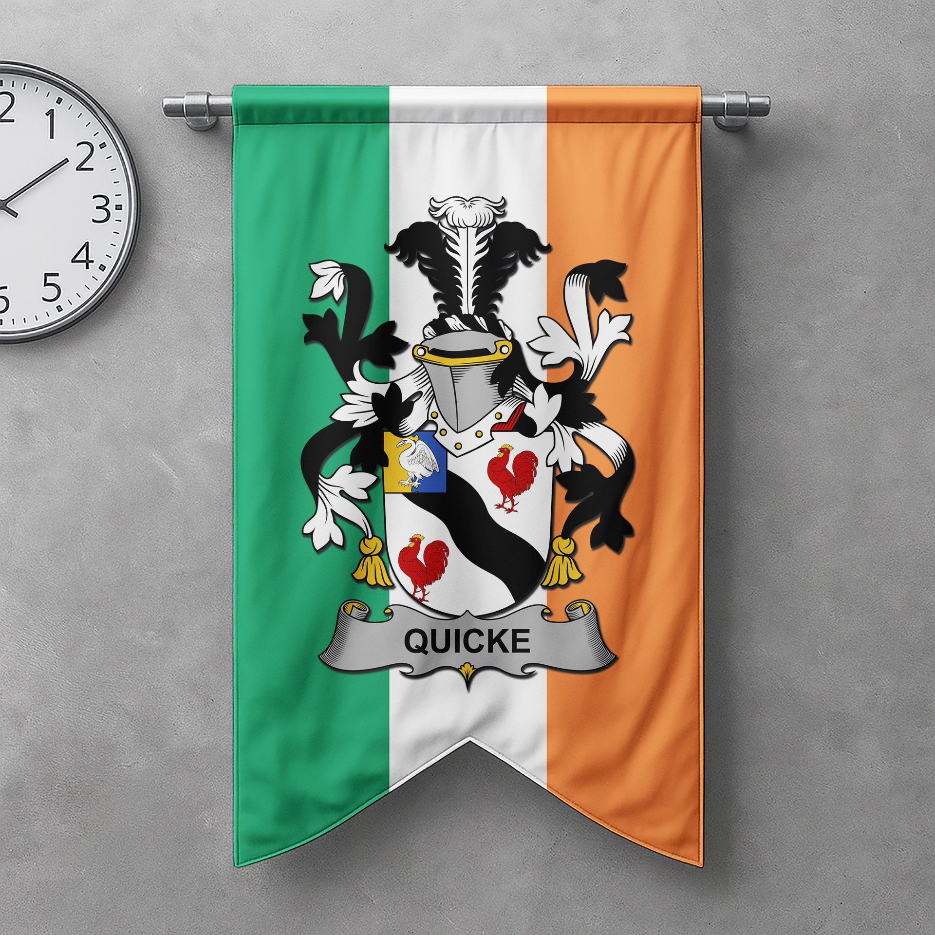 ScotsTee Shop Irish Quicke Clan Coat of Arms Irish Tartan Gonfalon Flag