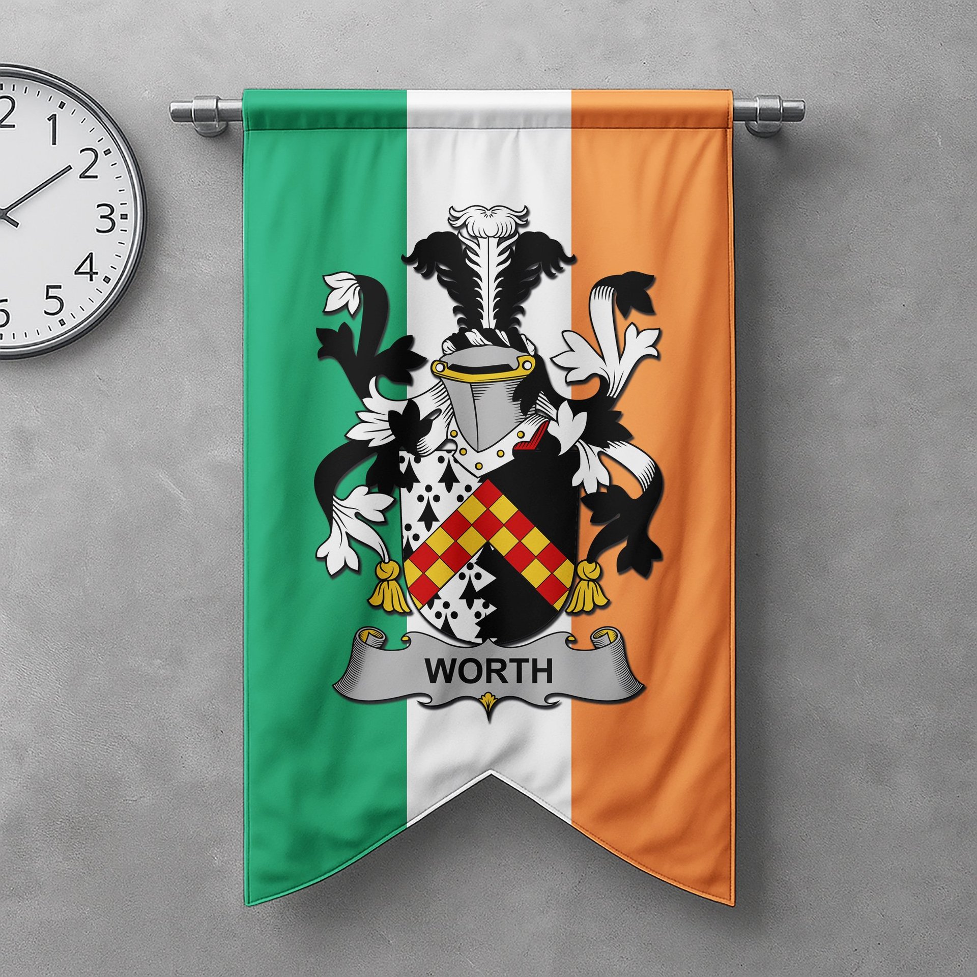 ScotsTee Shop Irish Worth or McWorth Clan Coat of Arms Irish Tartan Gonfalon Flag
