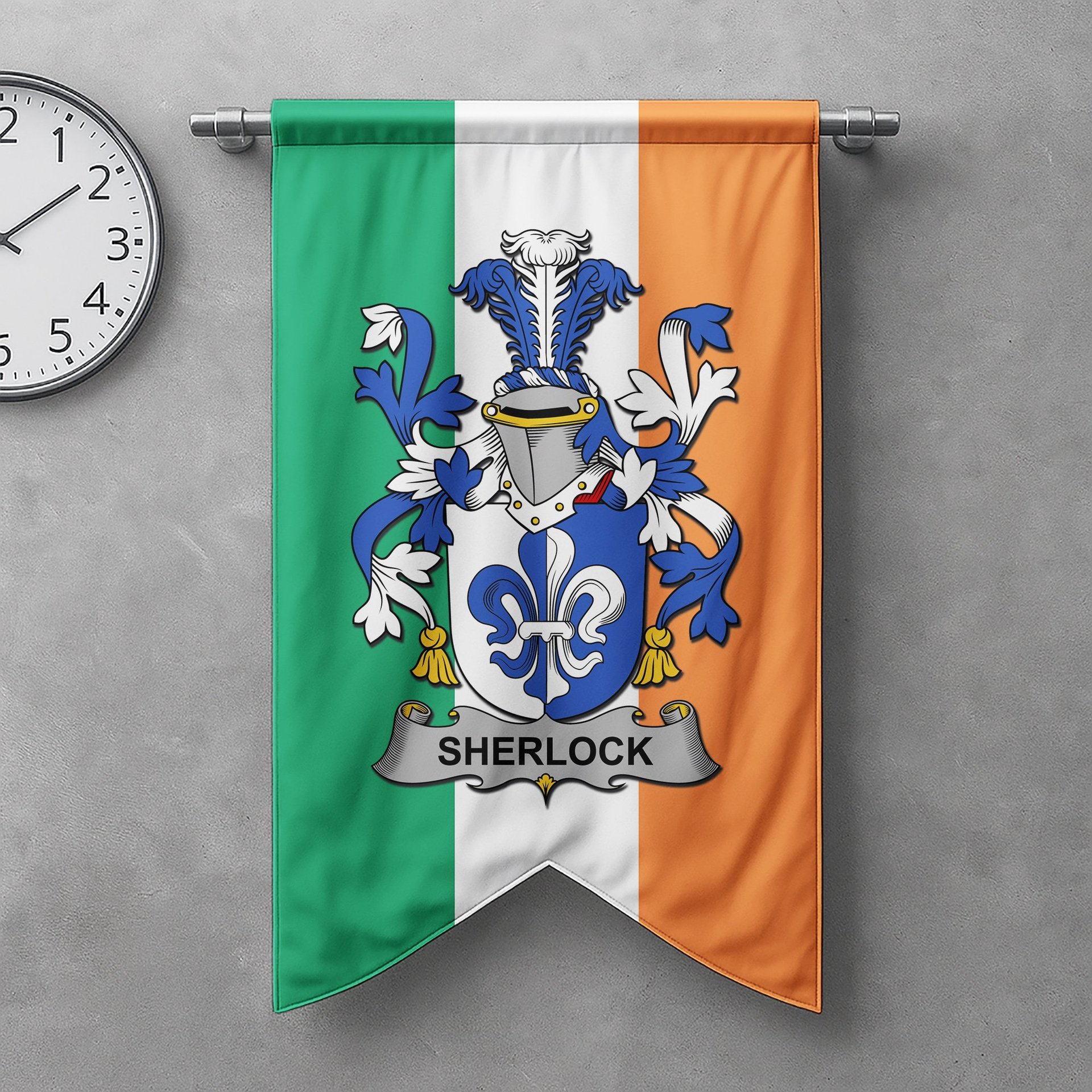 ScotsTee Shop Irish Sherlock Clan Coat of Arms Irish Tartan Gonfalon Flag