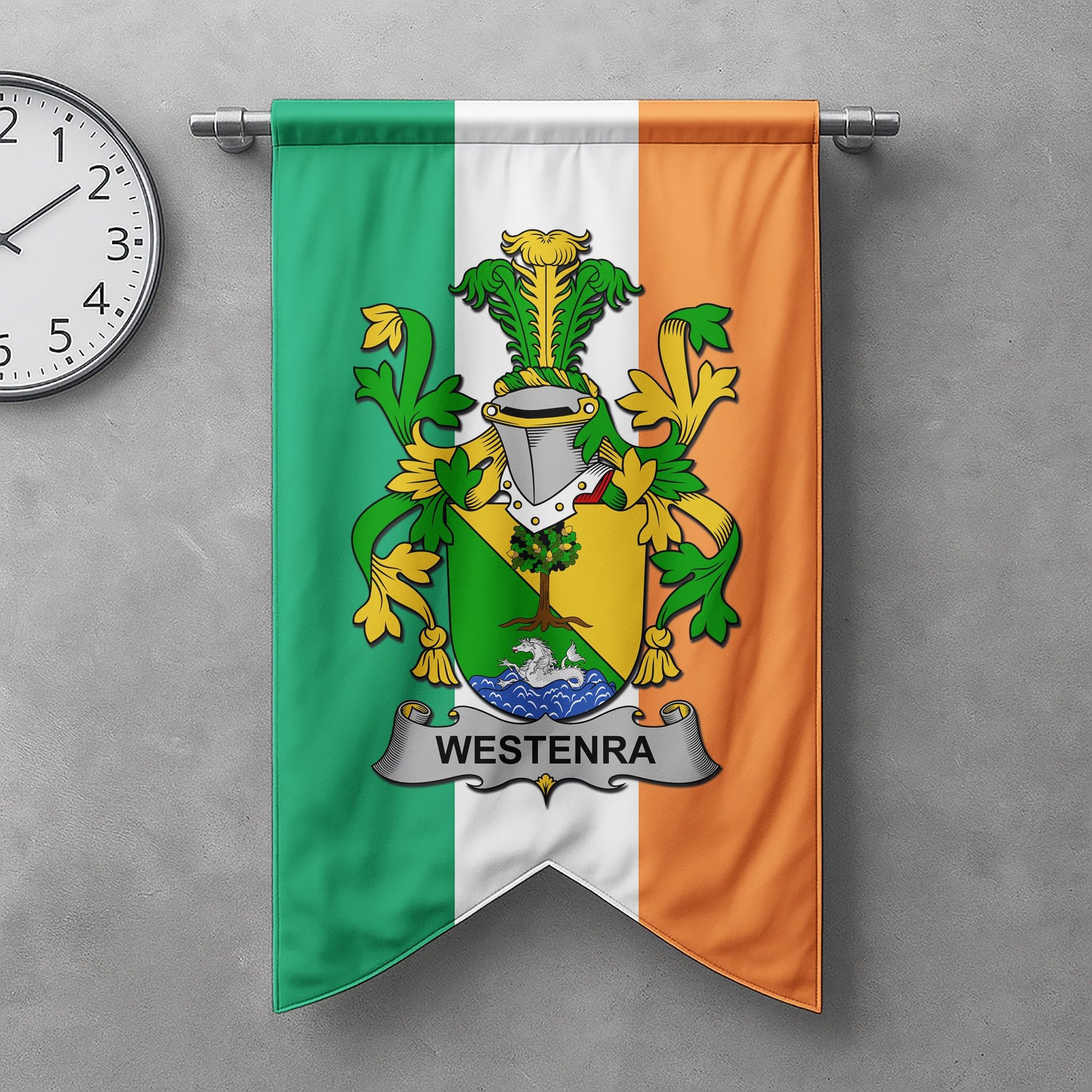 ScotsTee Shop Irish Westenra Clan Coat of Arms Irish Tartan Gonfalon Flag