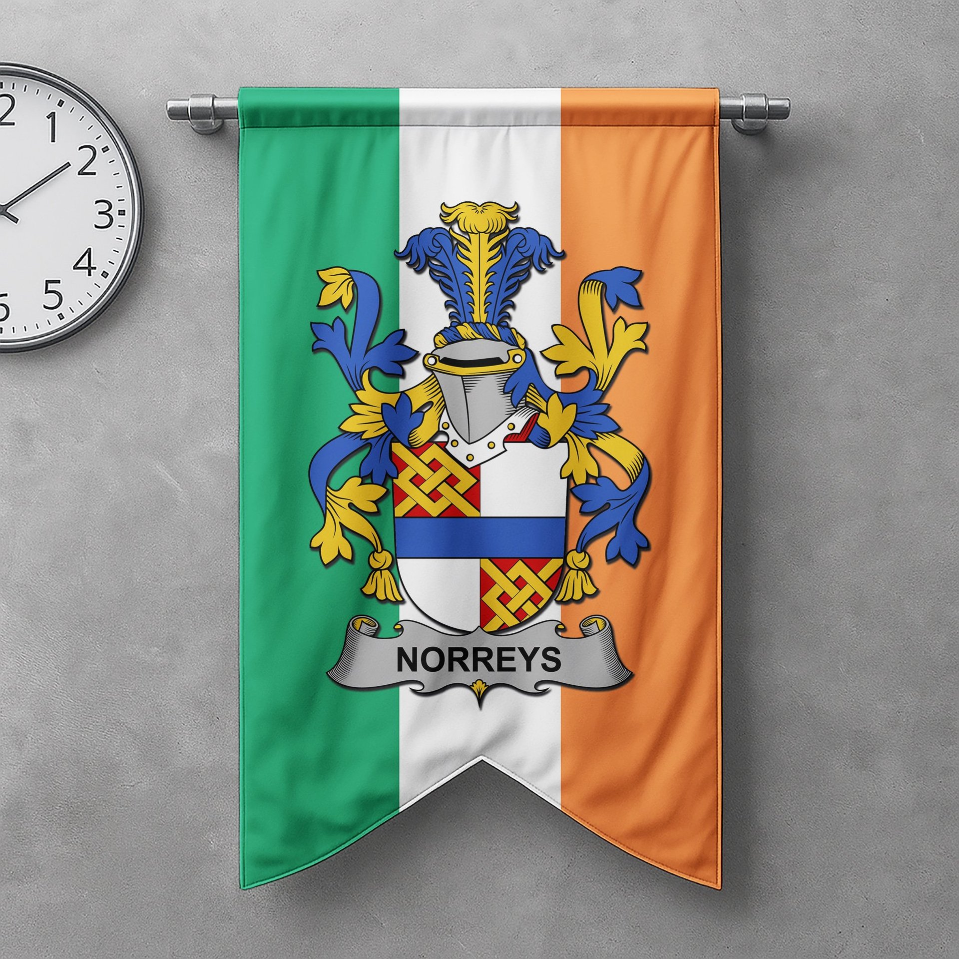 ScotsTee Shop Irish Norreys Clan Coat of Arms Irish Tartan Gonfalon Flag