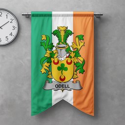 ScotsTee Shop Irish Odell Clan Coat of Arms Irish Tartan Gonfalon Flag