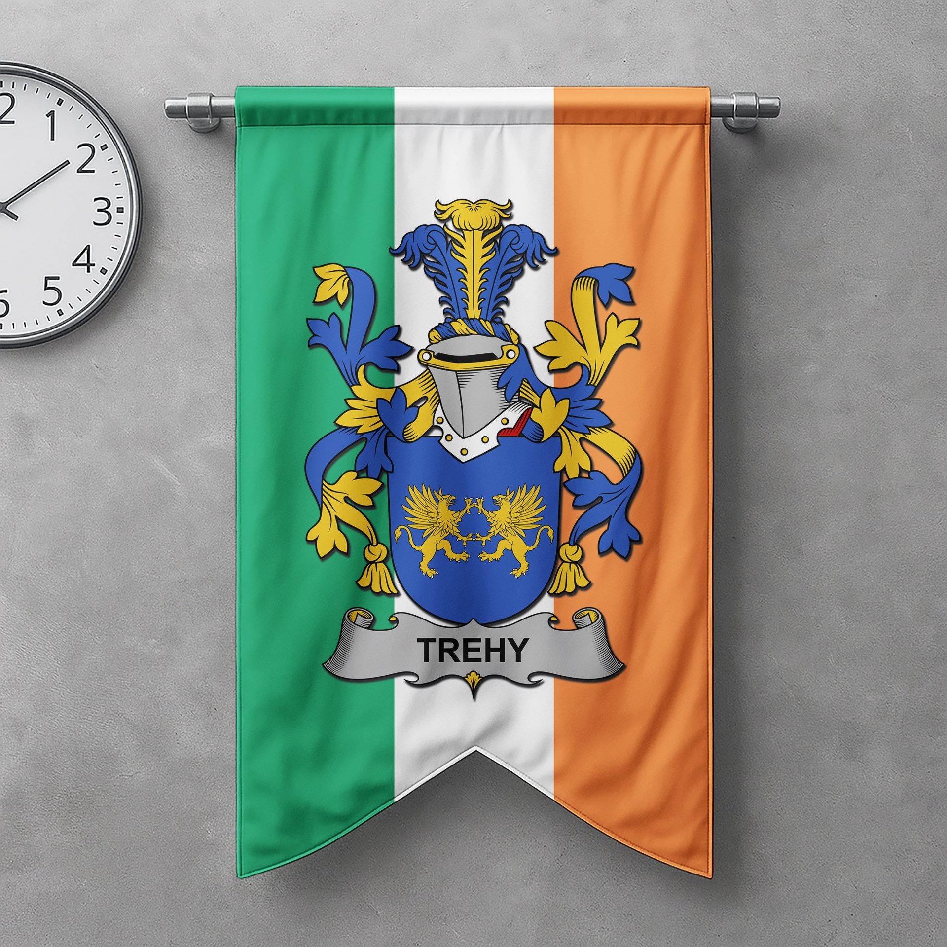 ScotsTee Shop Irish Trehy or O'Trehy Clan Coat of Arms Irish Tartan Gonfalon Flag