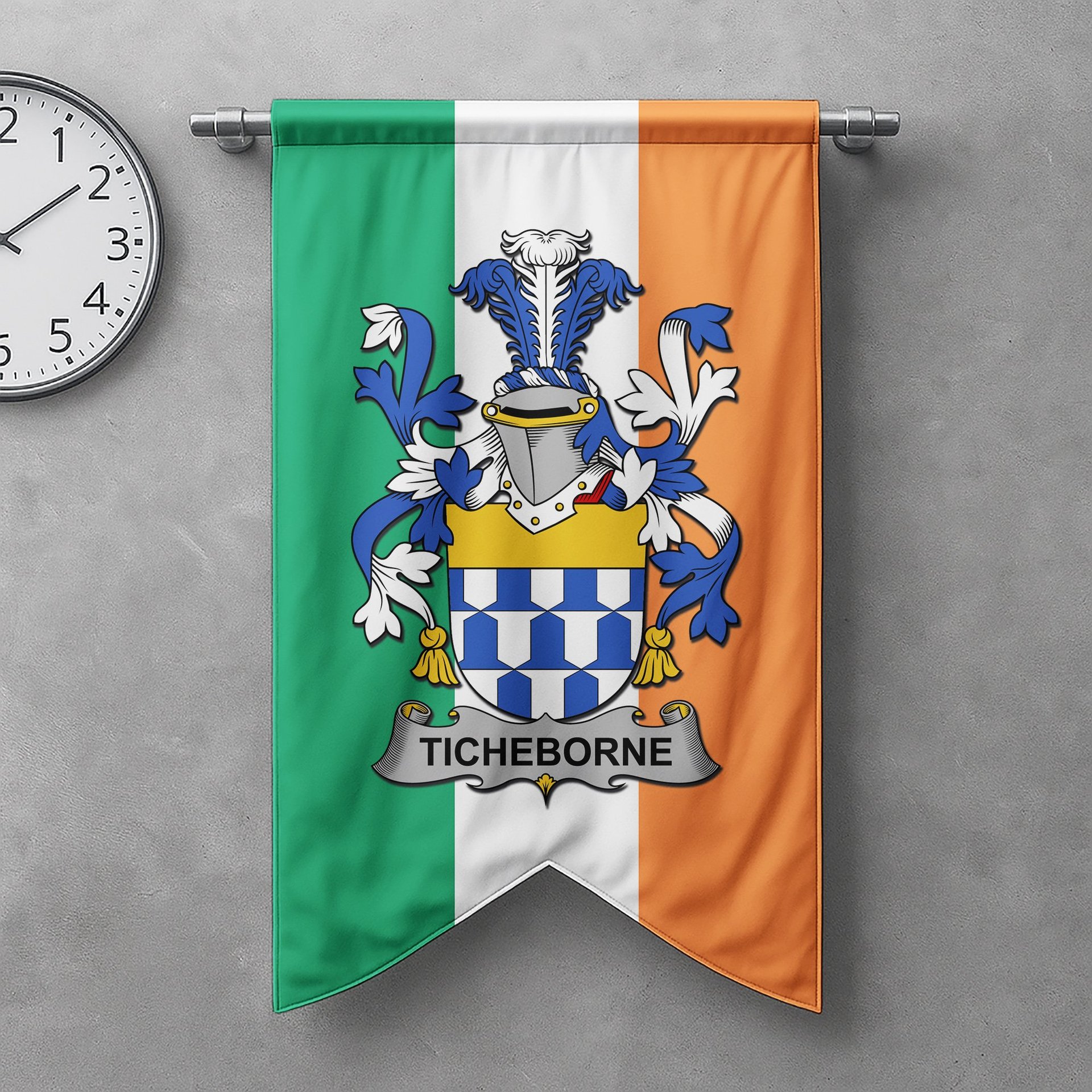 ScotsTee Shop Irish Ticheborne Clan Coat of Arms Irish Tartan Gonfalon Flag
