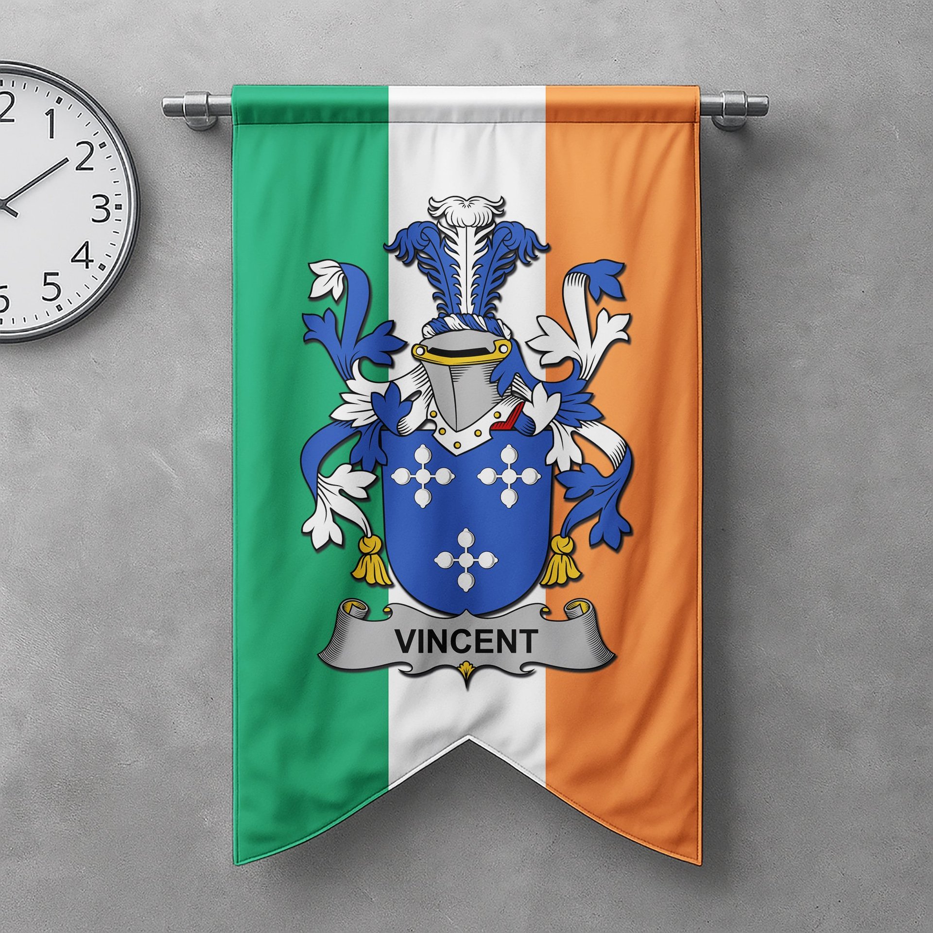 ScotsTee Shop Irish Vincent Clan Coat of Arms Irish Tartan Gonfalon Flag