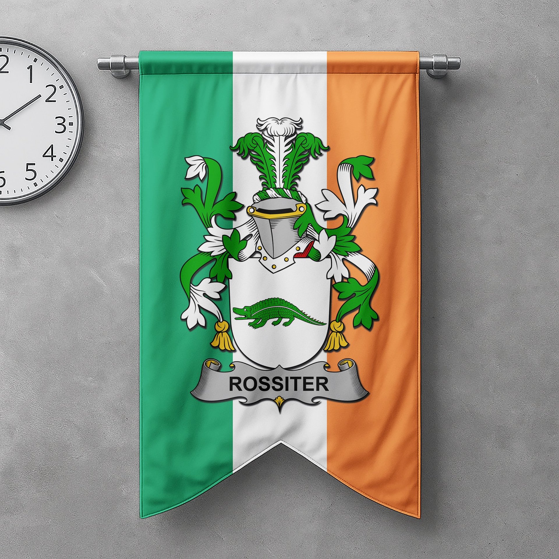 ScotsTee Shop Irish Rossiter Clan Coat of Arms Irish Tartan Gonfalon Flag