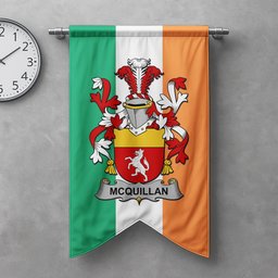ScotsTee Shop Irish Quillan or McQuillan Clan Coat of Arms Irish Tartan Gonfalon Flag