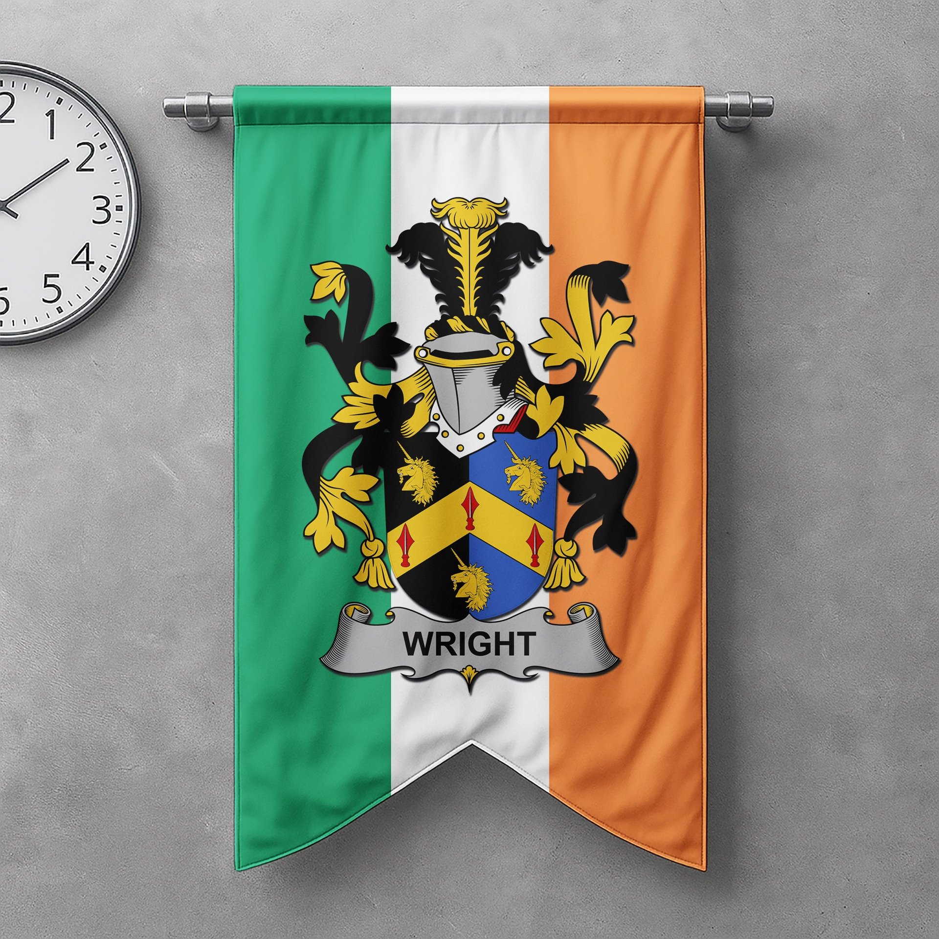 ScotsTee Shop Irish Wright Clan Coat of Arms Irish Tartan Gonfalon Flag