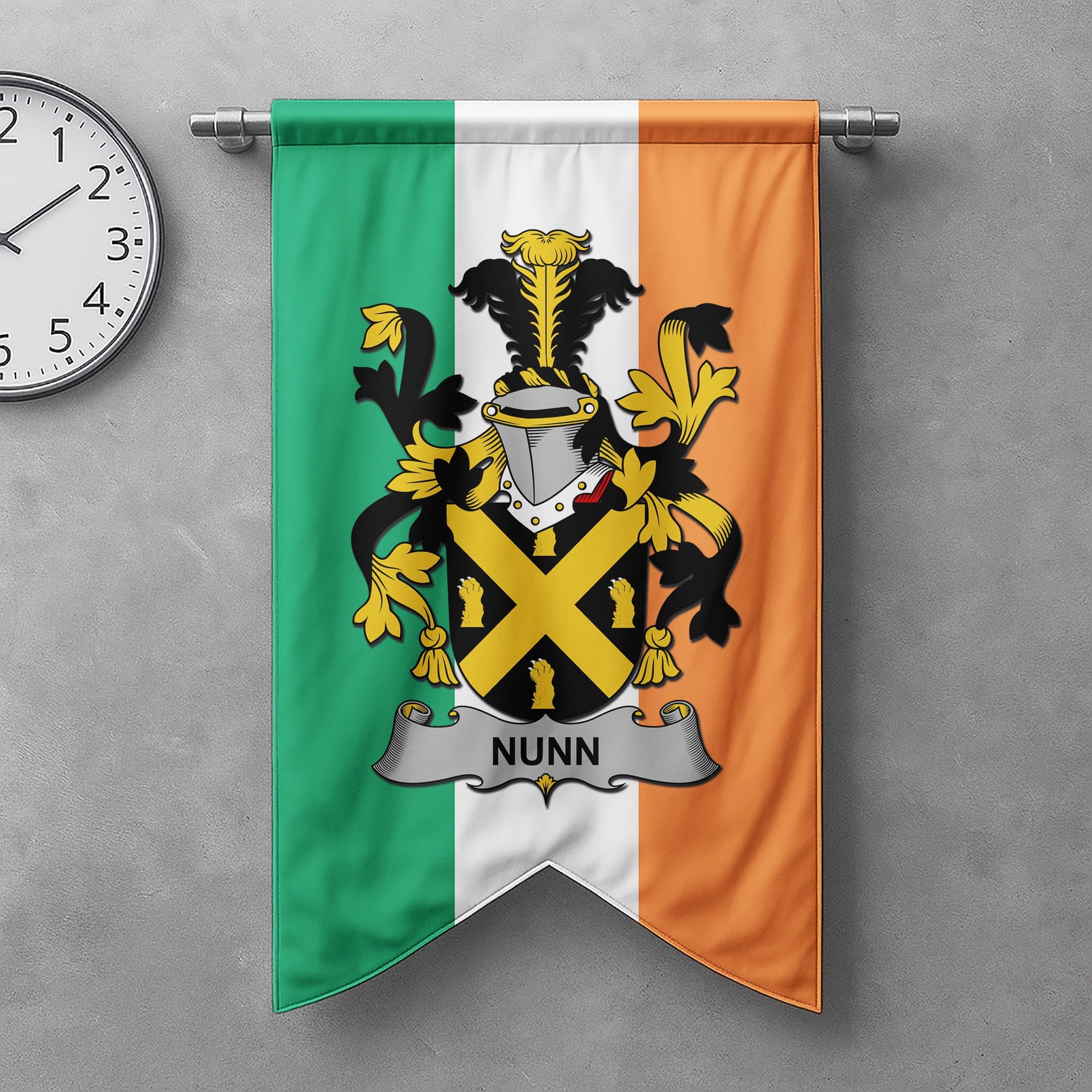 ScotsTee Shop Irish Nunn Clan Coat of Arms Irish Tartan Gonfalon Flag