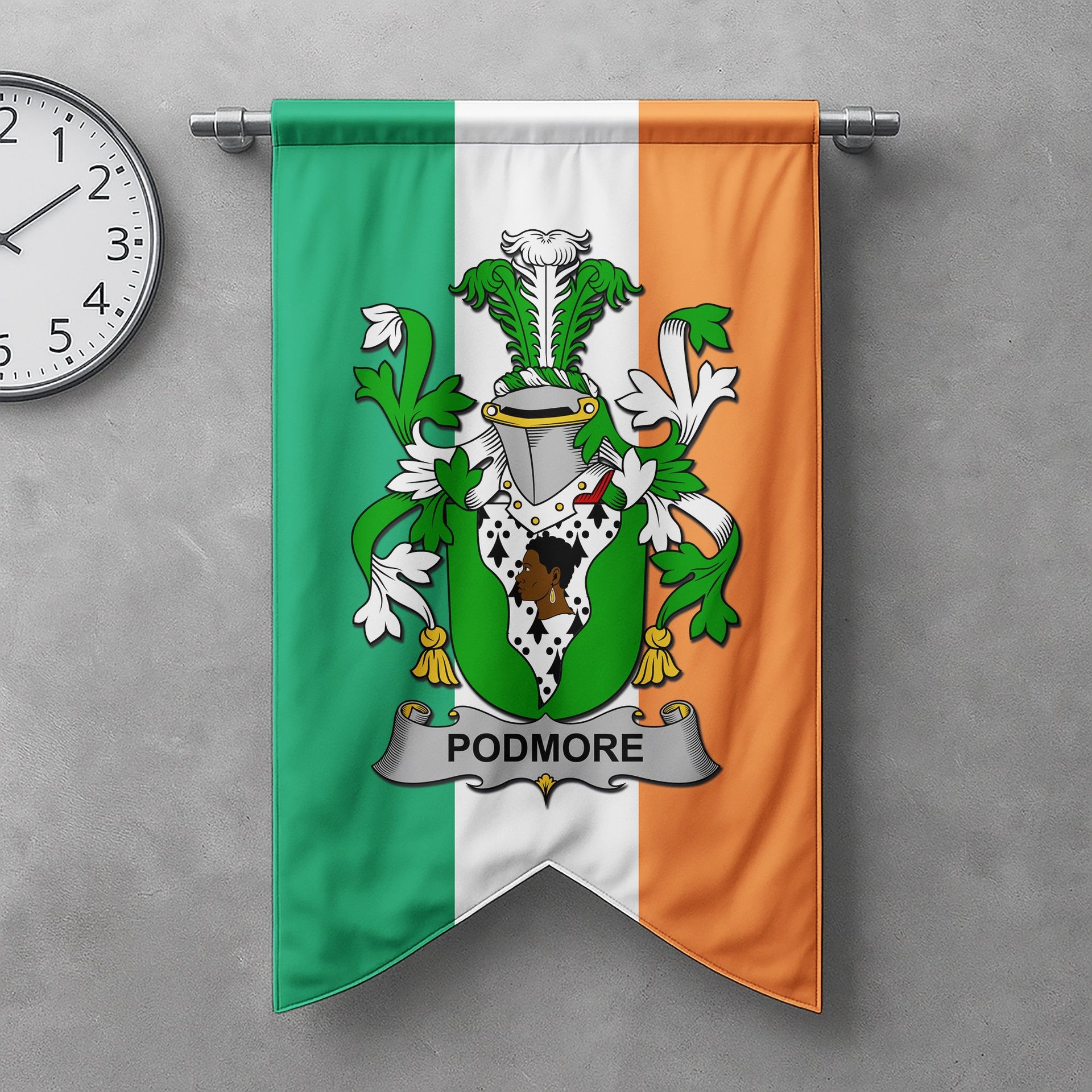 ScotsTee Shop Irish Podmore Clan Coat of Arms Irish Tartan Gonfalon Flag