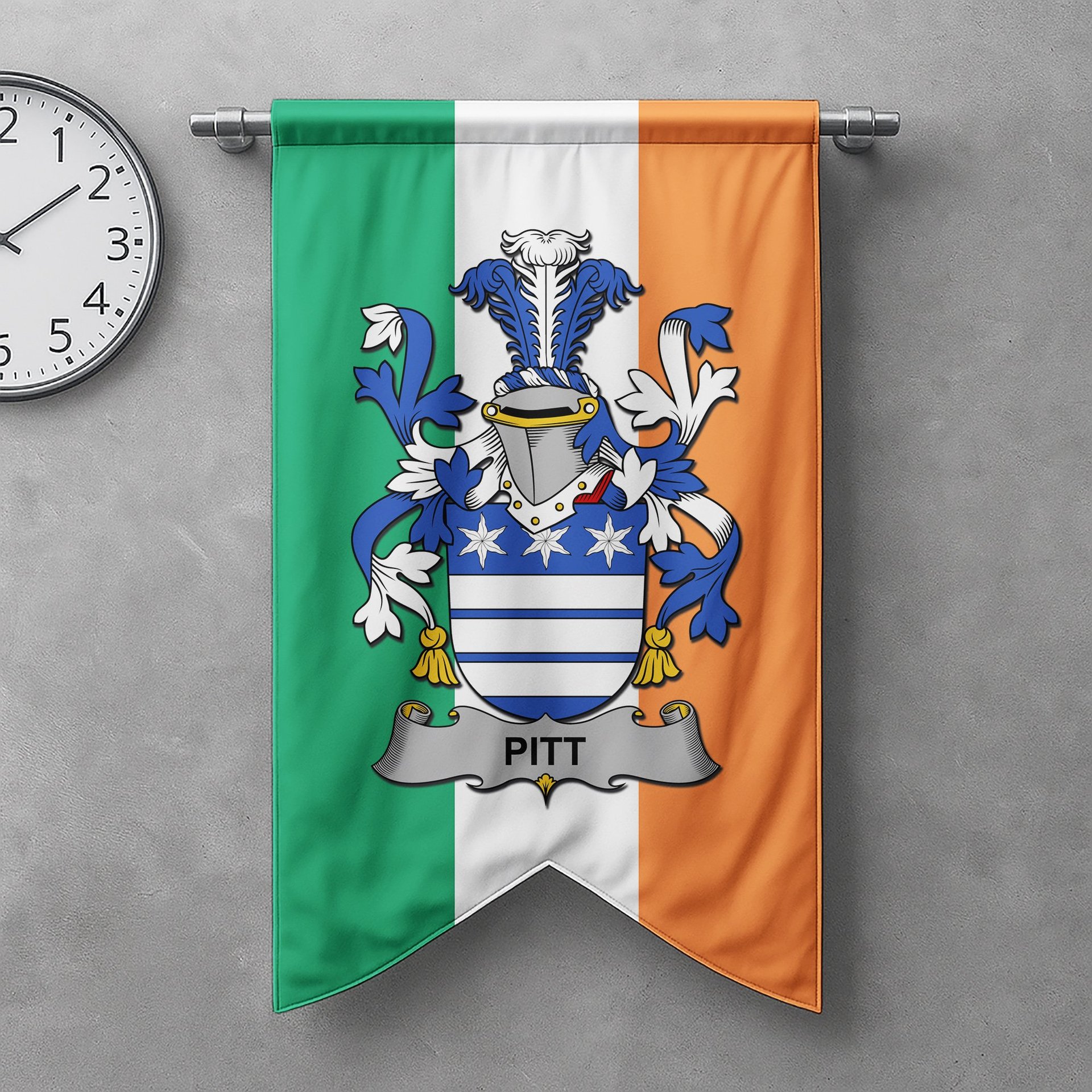 ScotsTee Shop Irish Pitt Clan Coat of Arms Irish Tartan Gonfalon Flag