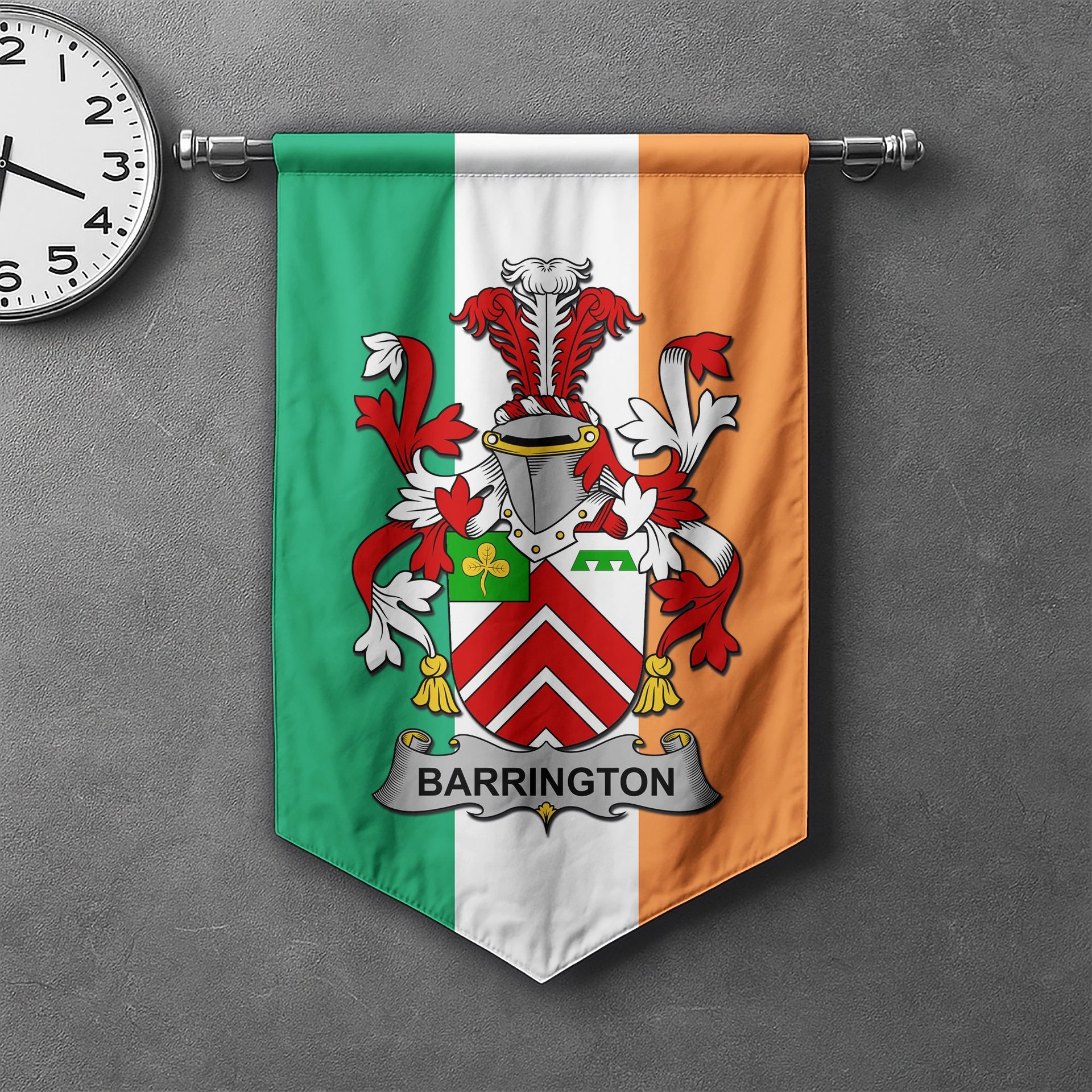 ScotsTee Shop Irish Barrington Clan Coat of Arms Irish Tartan Gonfalon Flag