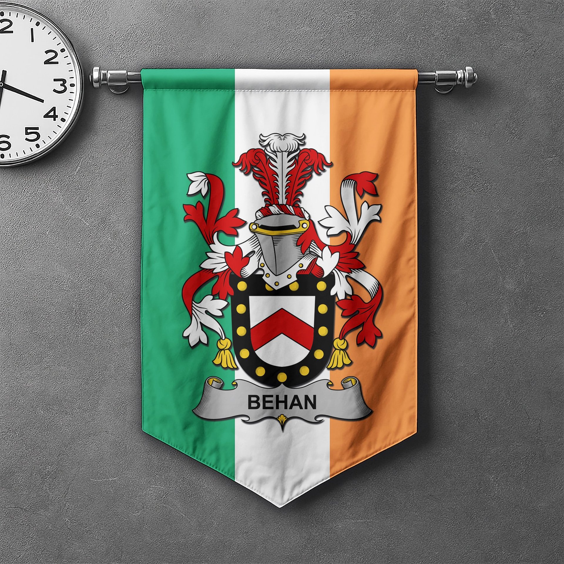 ScotsTee Shop Irish Behan Clan Coat of Arms Irish Tartan Gonfalon Flag