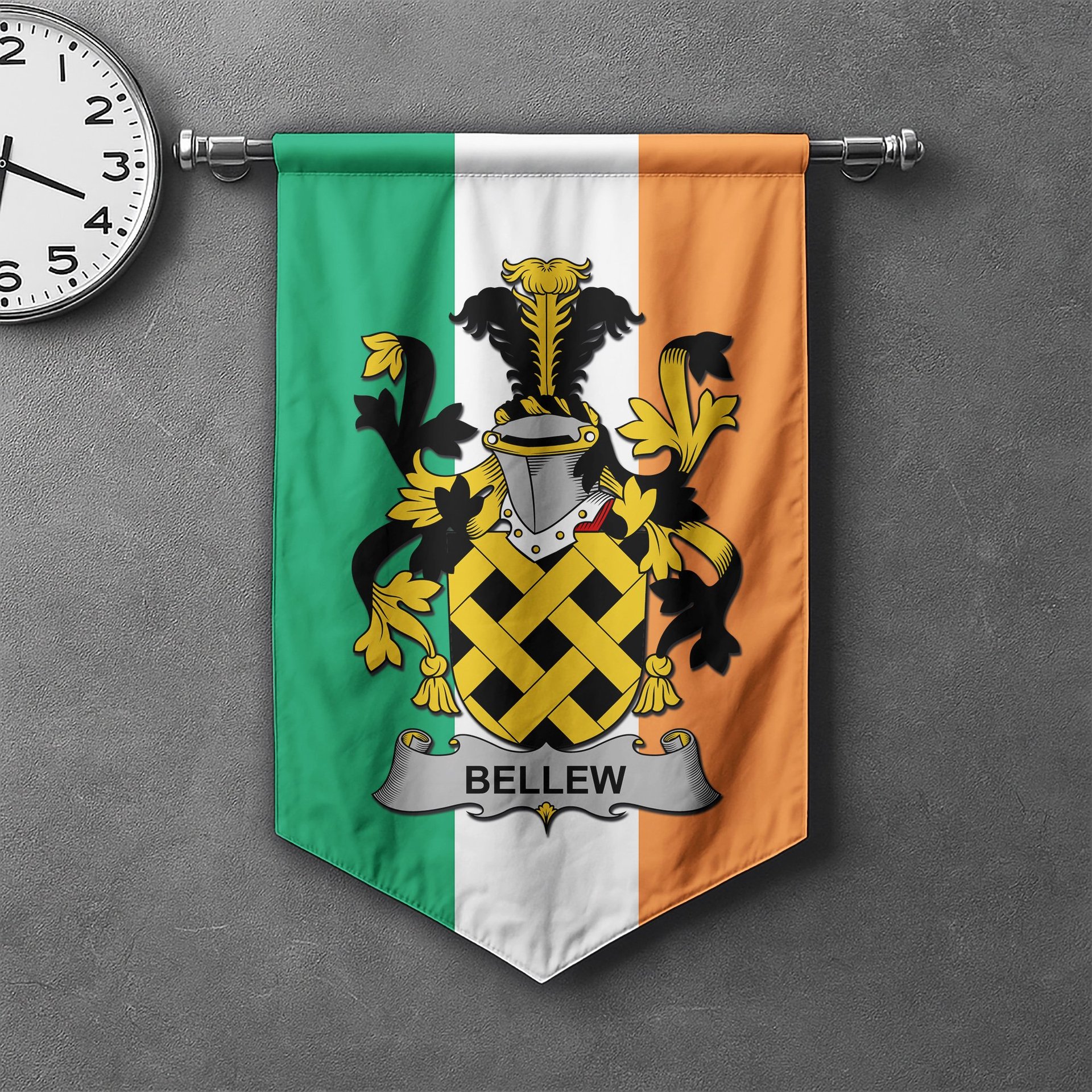 ScotsTee Shop Irish Bellew Clan Coat of Arms Irish Tartan Gonfalon Flag