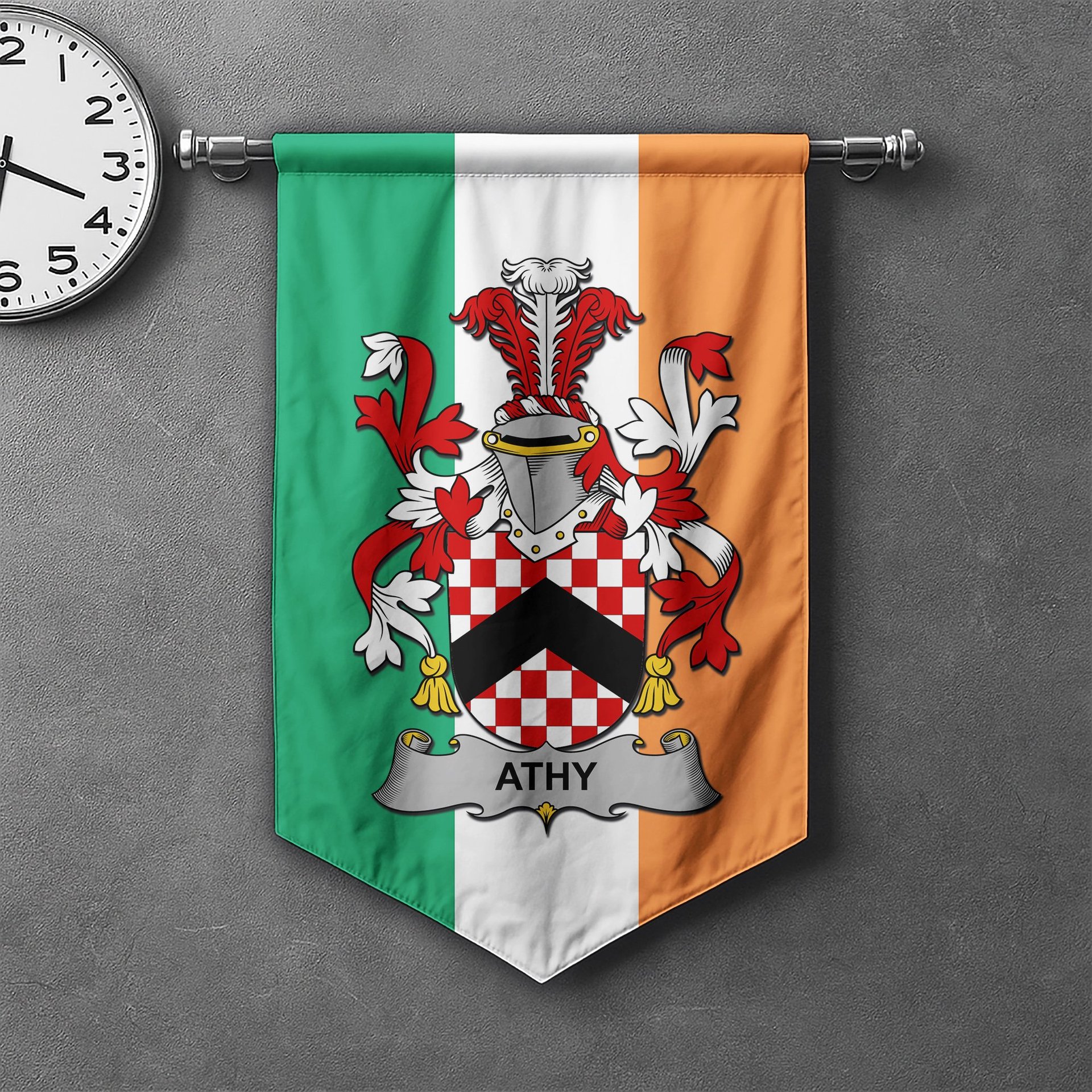 ScotsTee Shop Irish Athy Clan Coat of Arms Irish Tartan Gonfalon Flag