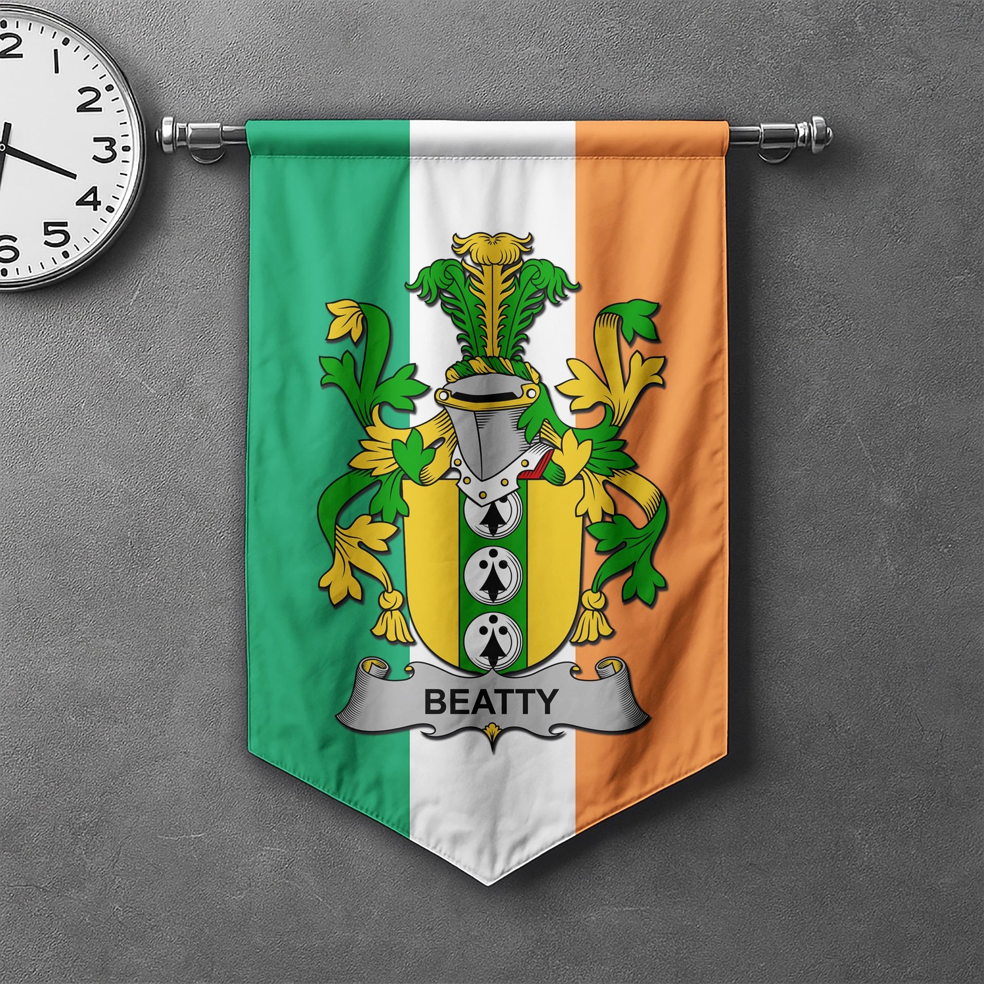 ScotsTee Shop Irish Beatty or Betagh Clan Coat of Arms Irish Tartan Gonfalon Flag
