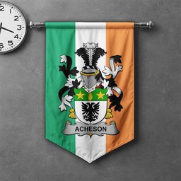 ScotsTee Shop Irish Acheson Clan Coat of Arms Irish Tartan Gonfalon Flag