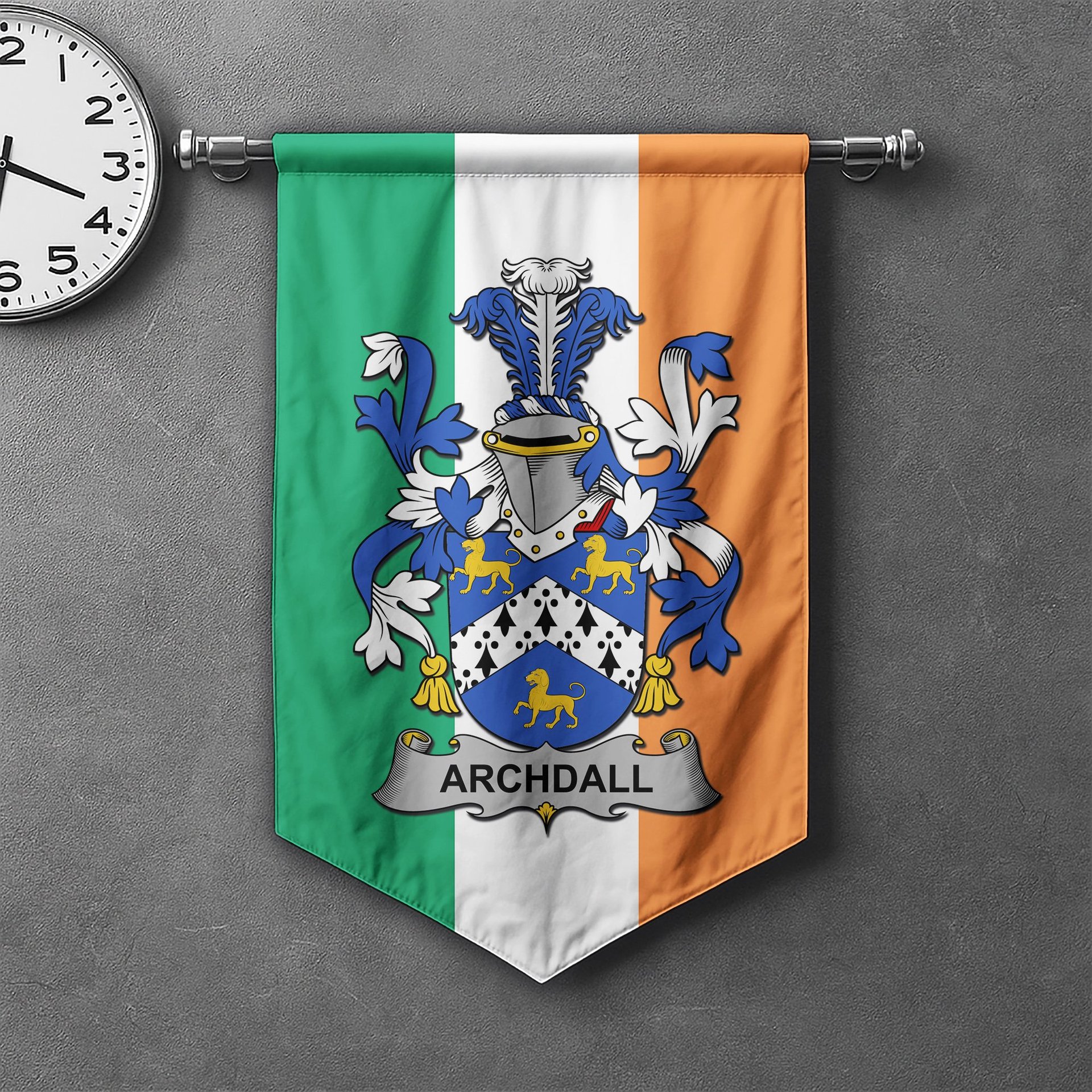 ScotsTee Shop Irish Archdall Clan Coat of Arms Irish Tartan Gonfalon Flag