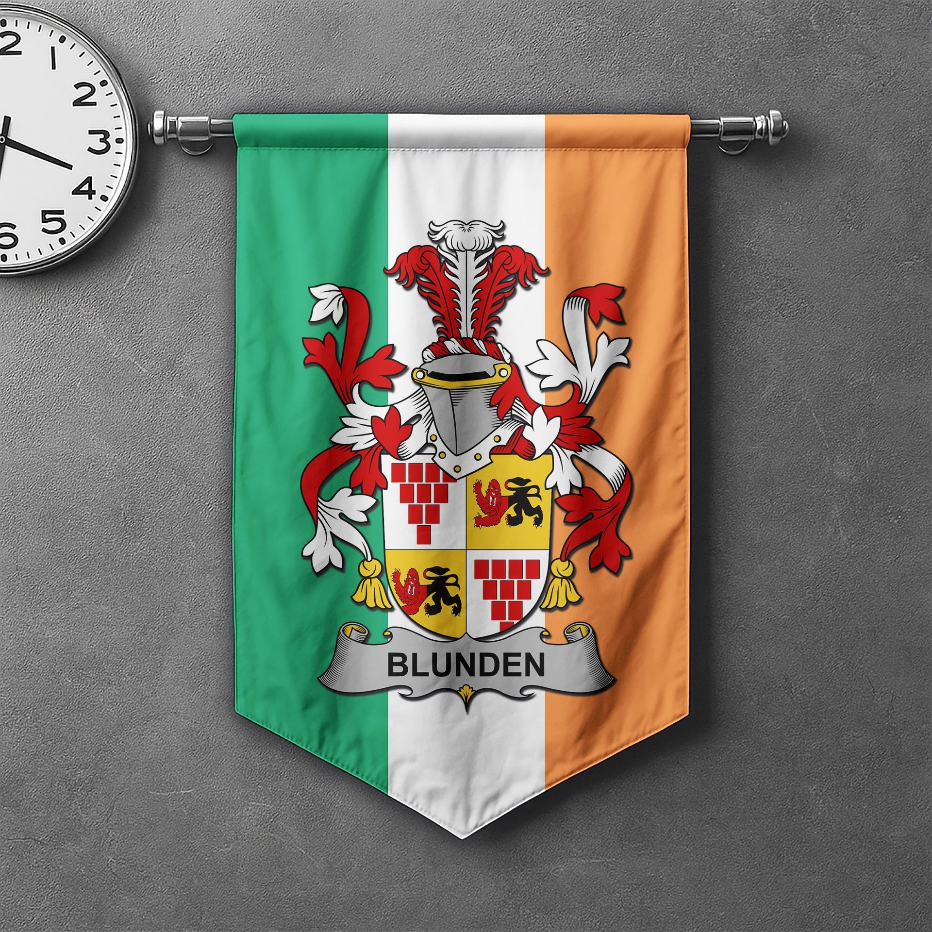 ScotsTee Shop Irish Blunden Clan Coat of Arms Irish Tartan Gonfalon Flag